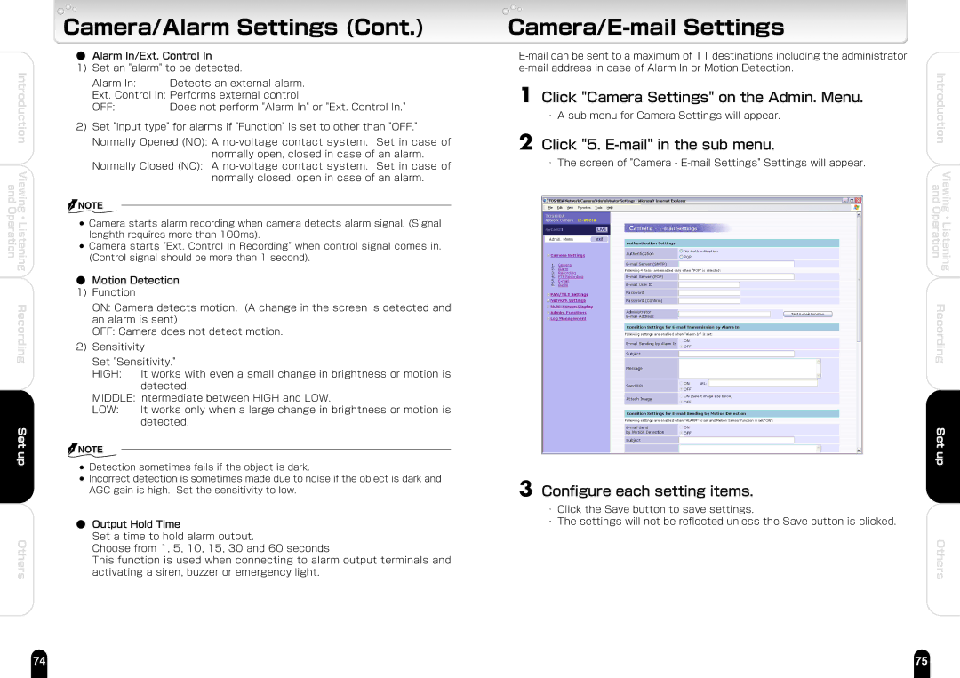 Toshiba IK-WB21A manual Camera/E-mail Settings, Click 5. E-mail in the sub menu, Off 