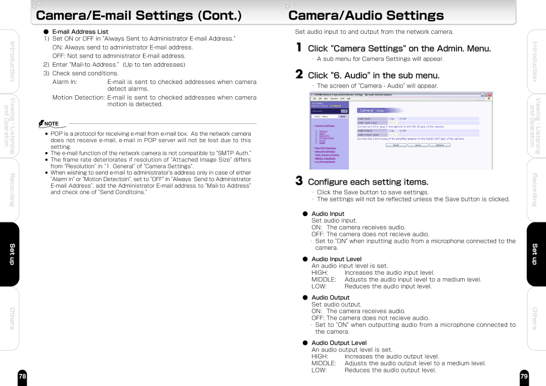 Toshiba IK-WB21A manual Camera/Audio Settings, Click 6. Audio in the sub menu 