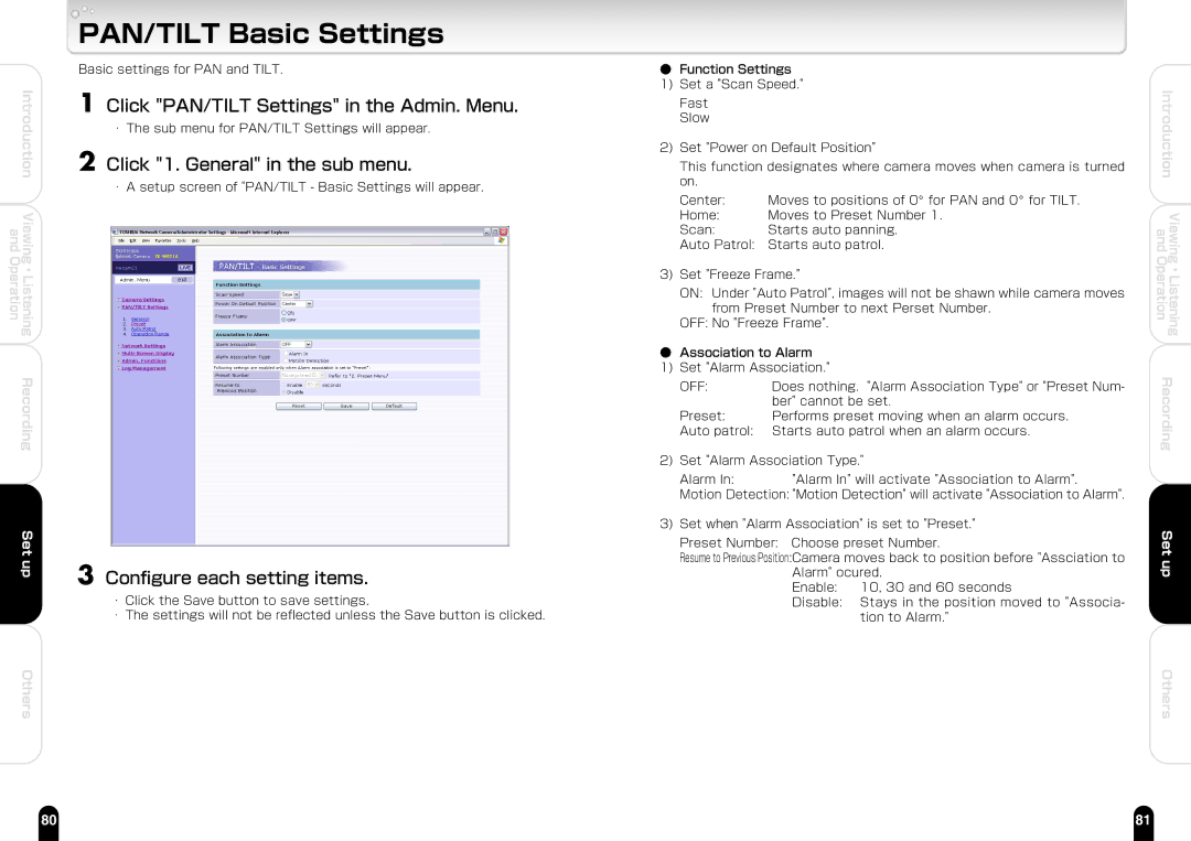 Toshiba IK-WB21A manual PAN/TILT Basic Settings, Click PAN/TILT Settings in the Admin. Menu 