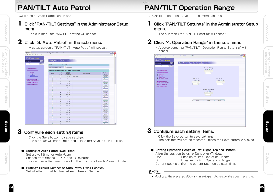 Toshiba IK-WB21A PAN/TILT Auto Patrol, PAN/TILT Operation Range, Click PAN/TILT Settings in the Administrator Setup menu 