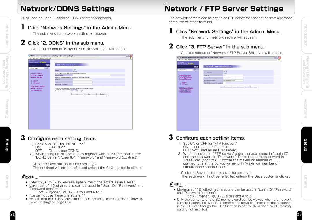 Toshiba IK-WB21A manual Network/DDNS Settings, Network / FTP Server Settings, Click 2. Ddns in the sub menu 