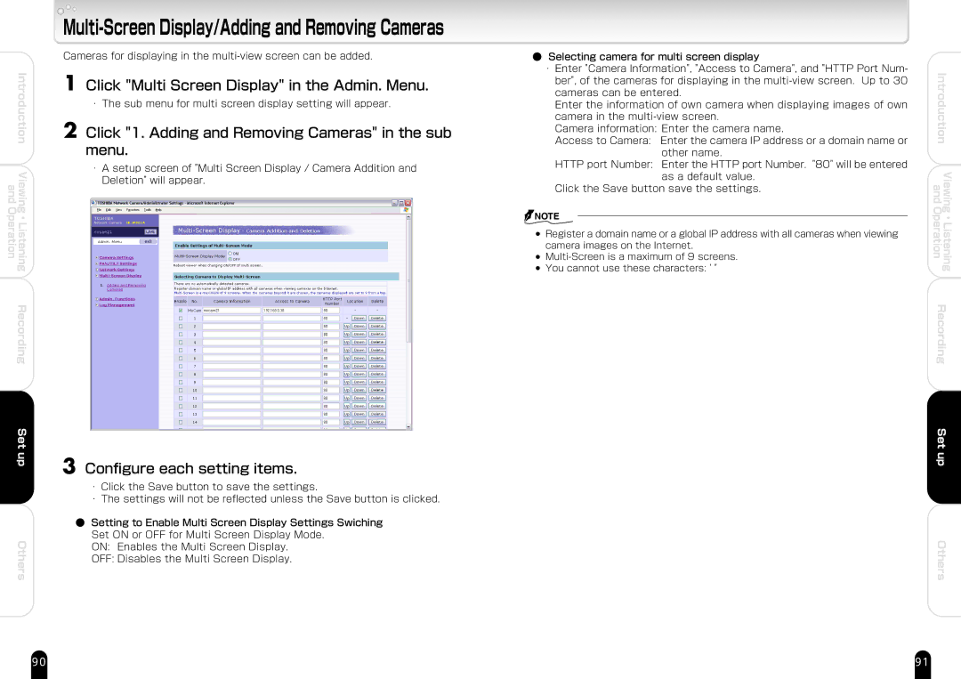 Toshiba IK-WB21A manual Click Multi Screen Display in the Admin. Menu, Click 1. Adding and Removing Cameras in the sub menu 