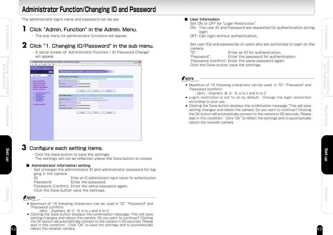 Toshiba IK-WB21A manual Click Admin. Function in the Admin. Menu, Click 1. Changing ID/Password in the sub menu 