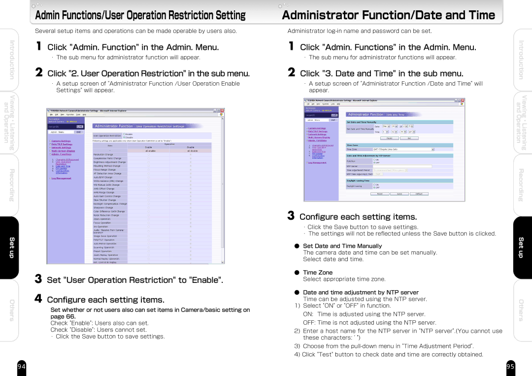 Toshiba IK-WB21A manual Click 2. User Operation Restriction in the sub menu, Click Admin. Functions in the Admin. Menu 