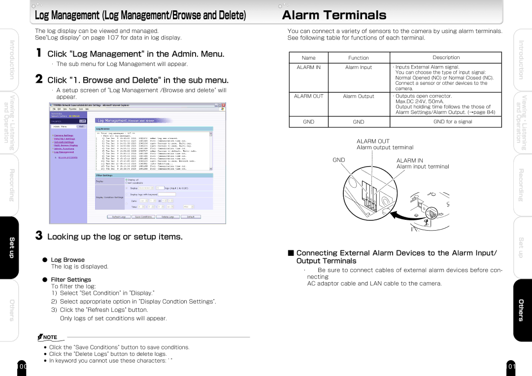 Toshiba IK-WB21A Alarm Terminals, Click Log Management in the Admin. Menu, Click 1. Browse and Delete in the sub menu 