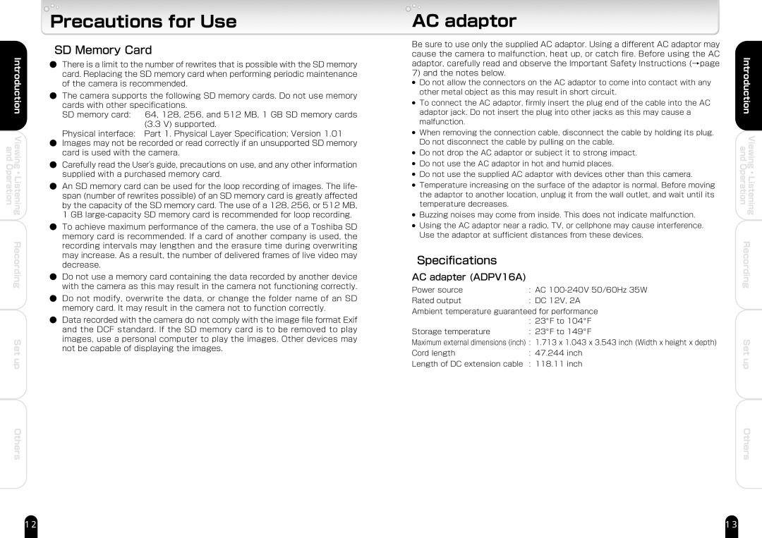 Toshiba IK-WB21A manual Precautions for Use, AC adaptor, SD Memory Card, Specifications 