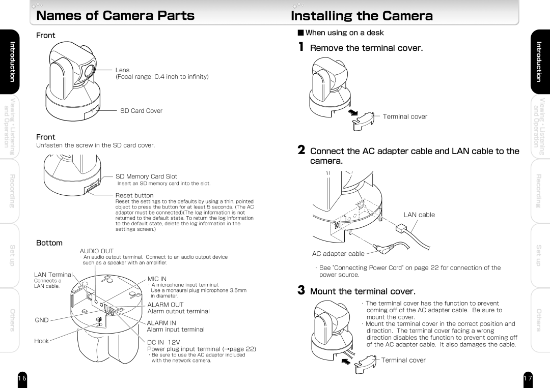 Toshiba IK-WB21A manual Names of Camera Parts, Installing the Camera, Remove the terminal cover, Mount the terminal cover 