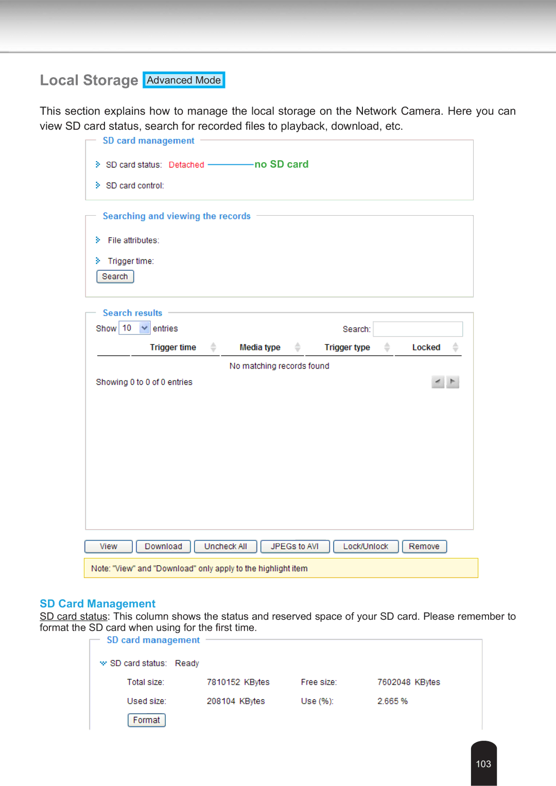 Toshiba IK-WB30A user manual Local Storage, SD Card Management 