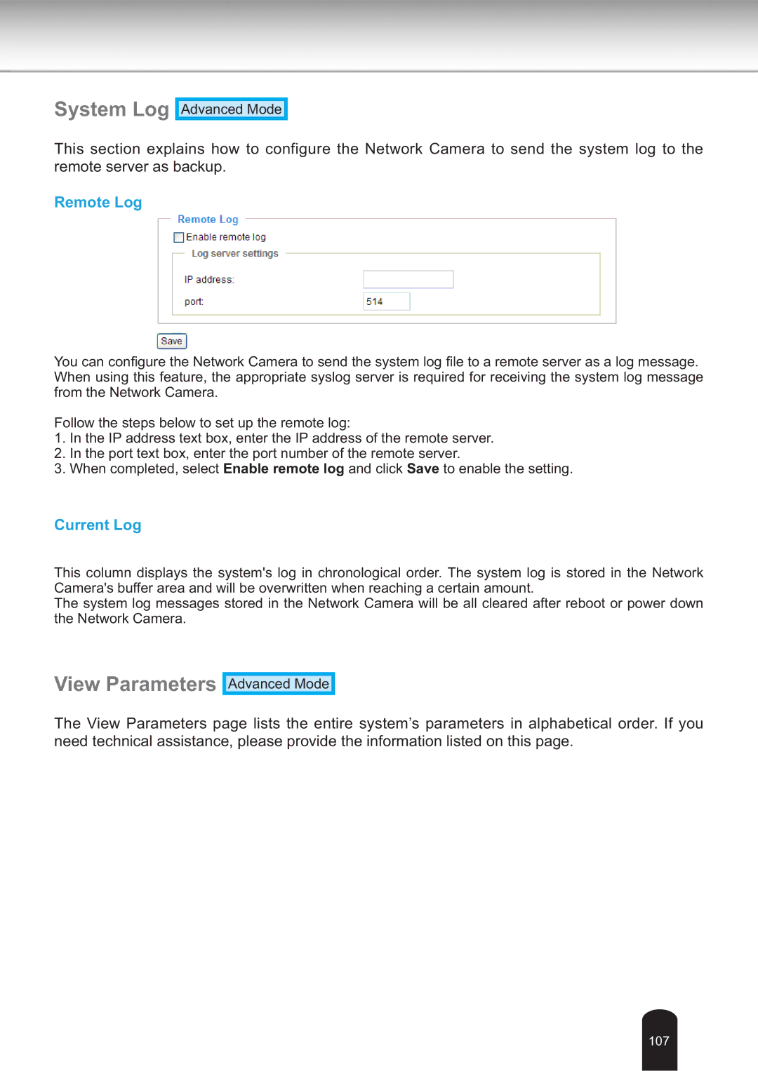 Toshiba IK-WB30A user manual System Log, View Parameters, Remote Log, Current Log 