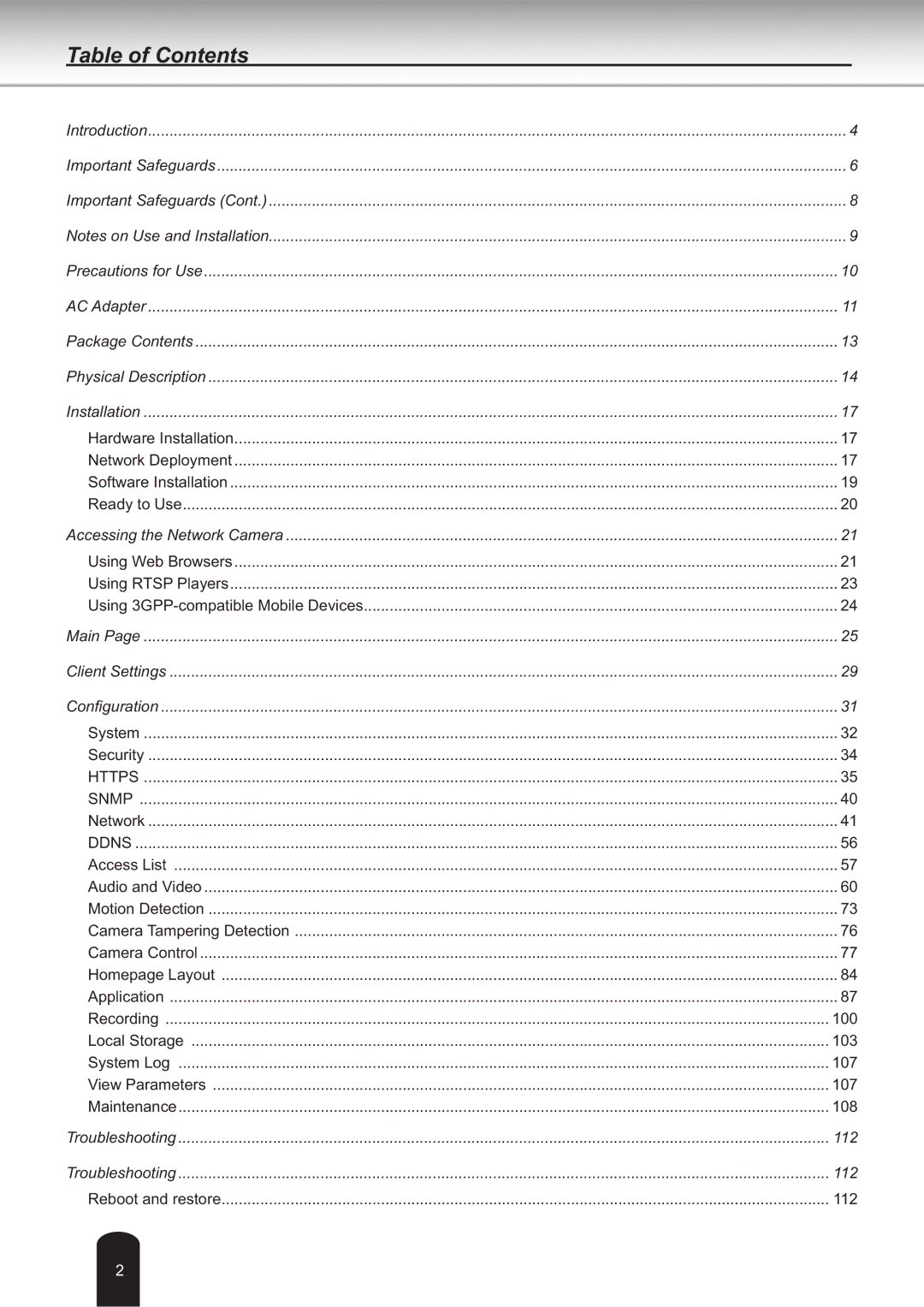 Toshiba IK-WB30A user manual Table of Contents 