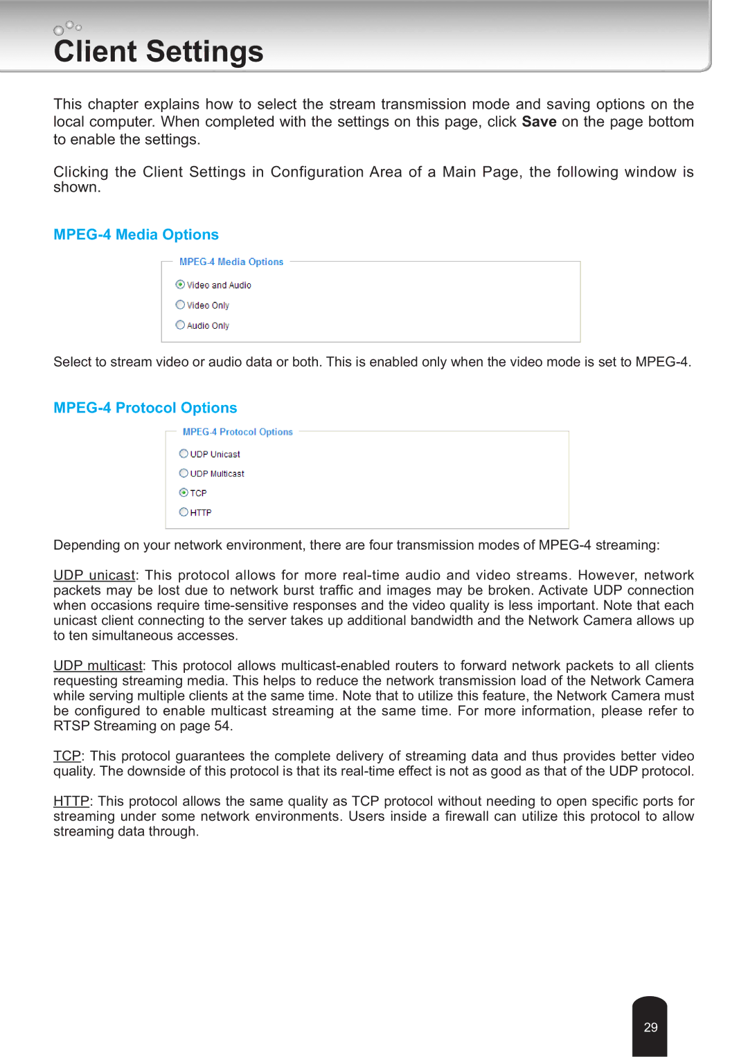 Toshiba IK-WB30A user manual Client Settings, MPEG-4 Media Options 