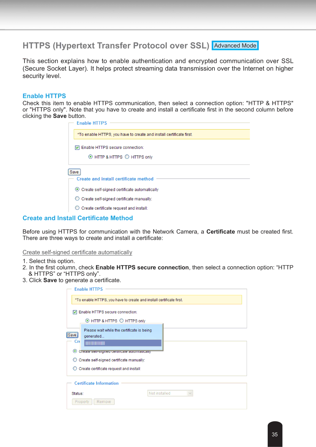 Toshiba IK-WB30A user manual Https Hypertext Transfer Protocol over SSL, Enable Https, Create and Install Certiﬁcate Method 