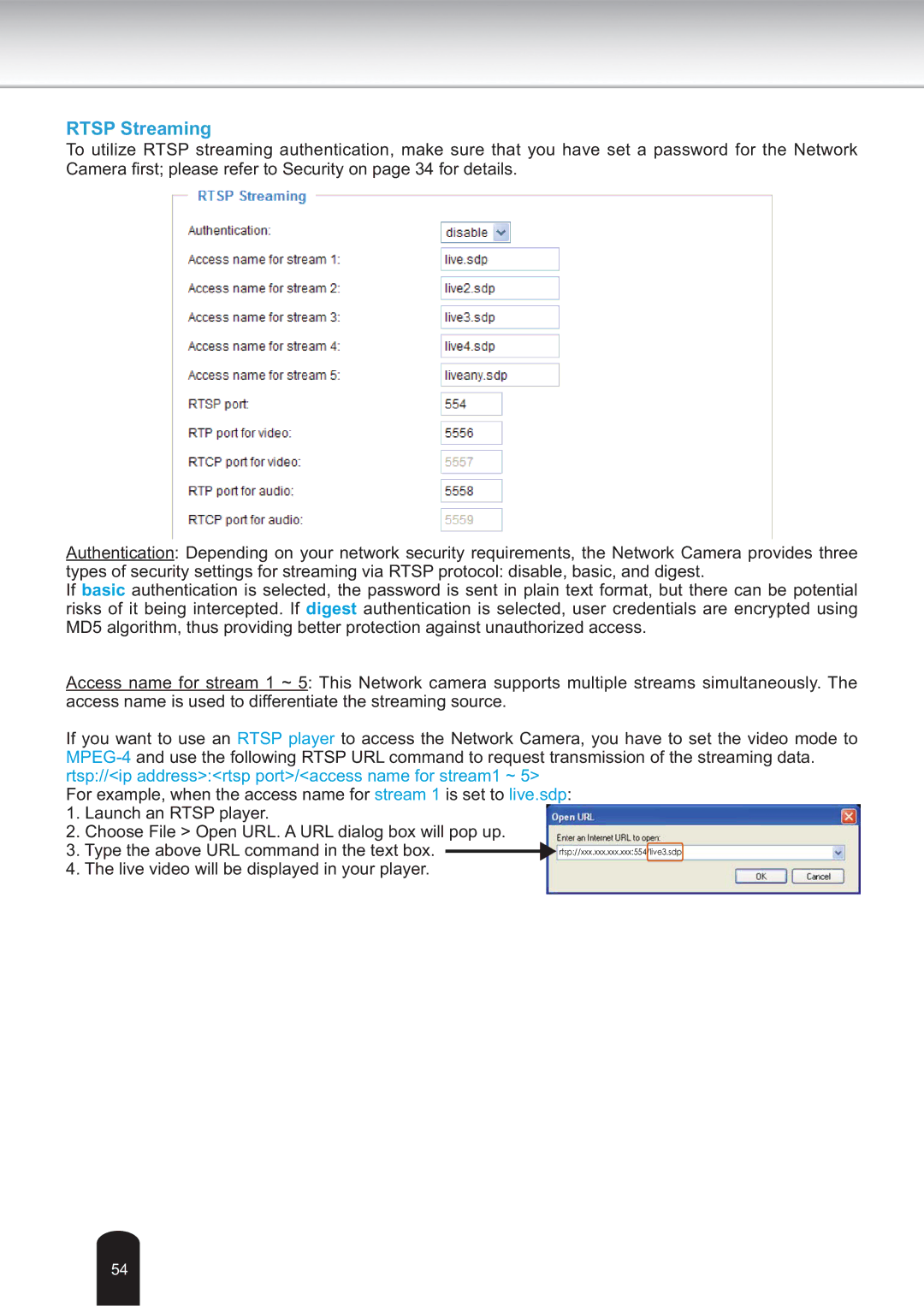 Toshiba IK-WB30A user manual Rtsp Streaming 