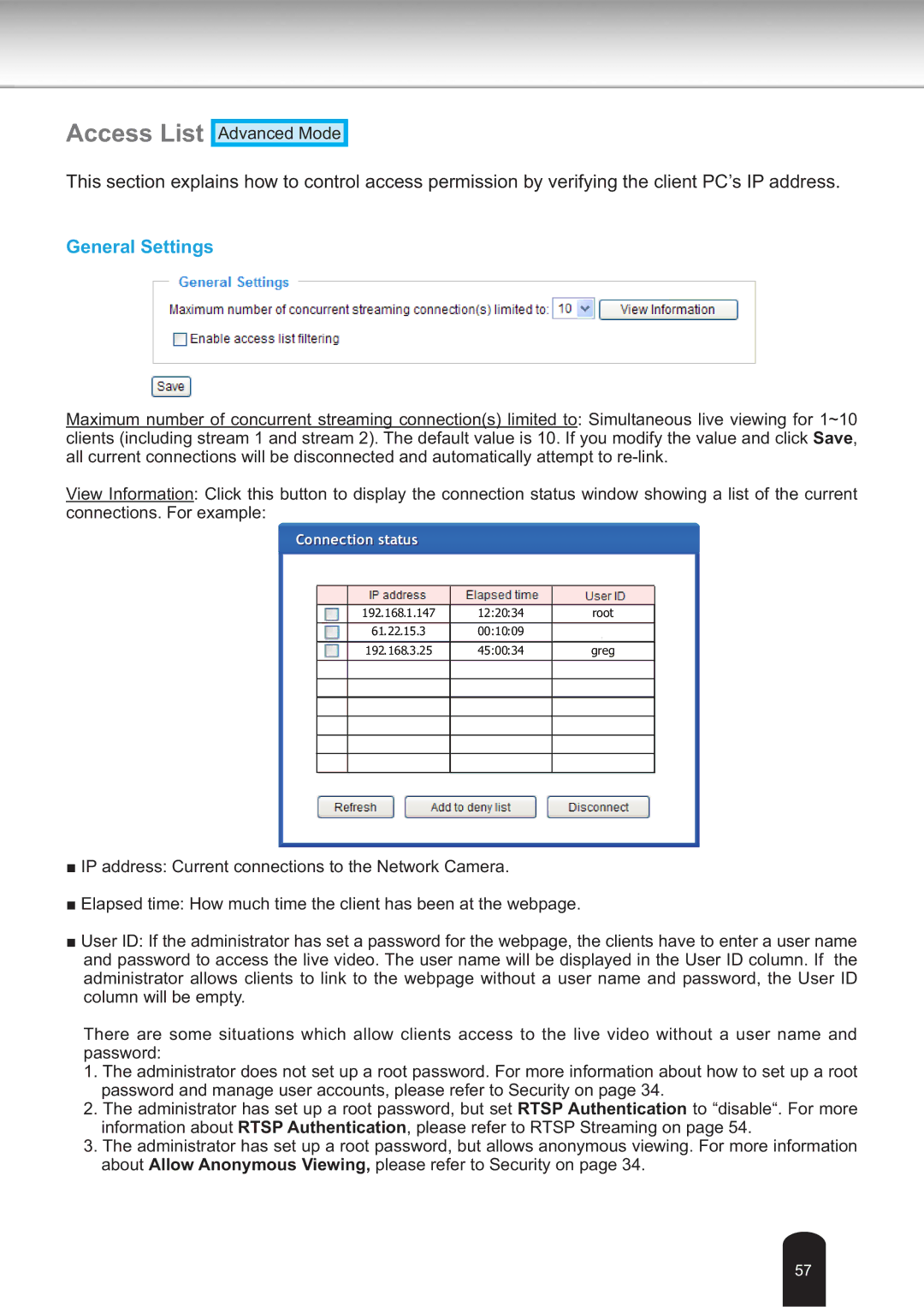 Toshiba IK-WB30A user manual Access List, General Settings 