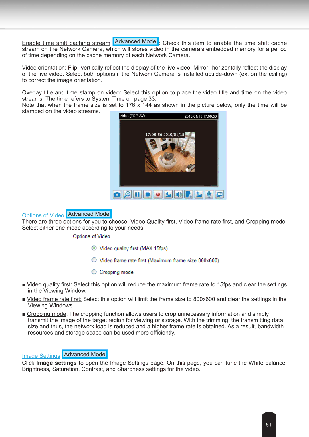 Toshiba IK-WB30A user manual Options of Video Advanced Mode 