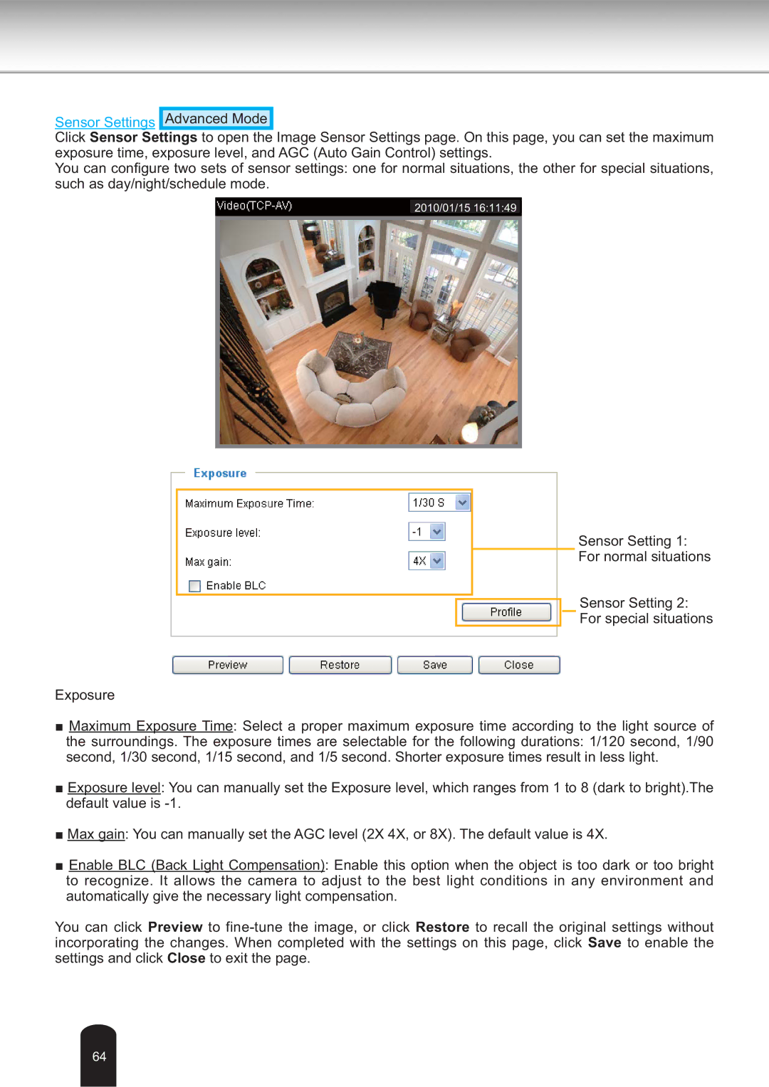 Toshiba IK-WB30A user manual Sensor Settings Advanced Mode 