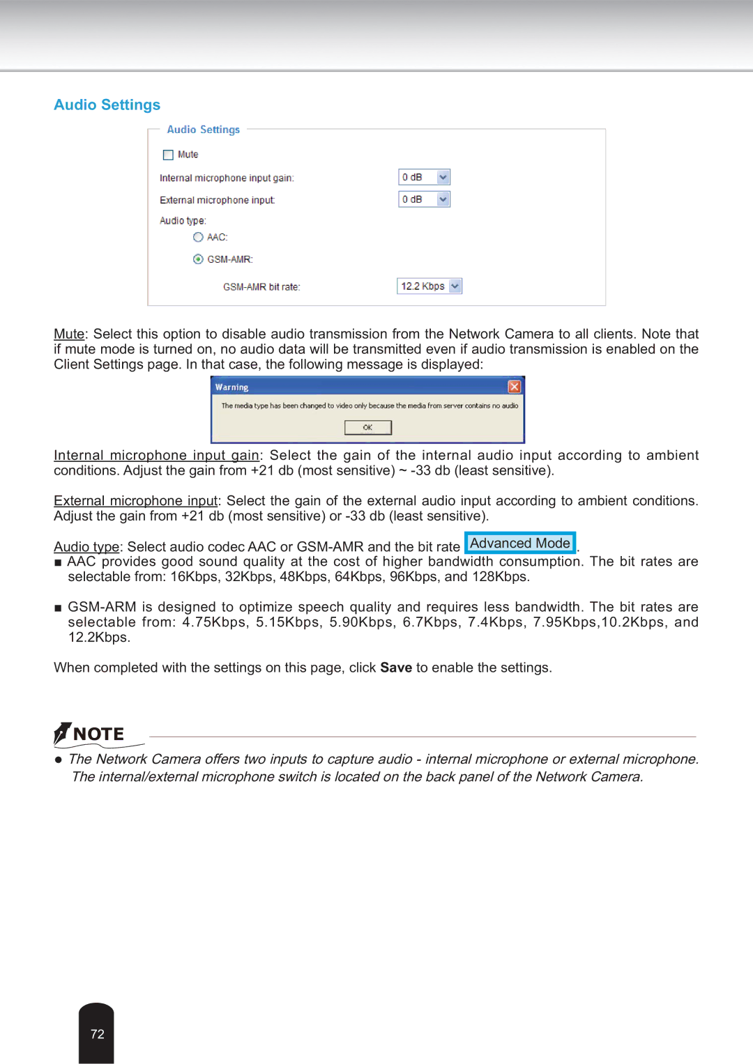 Toshiba IK-WB30A user manual Audio Settings 