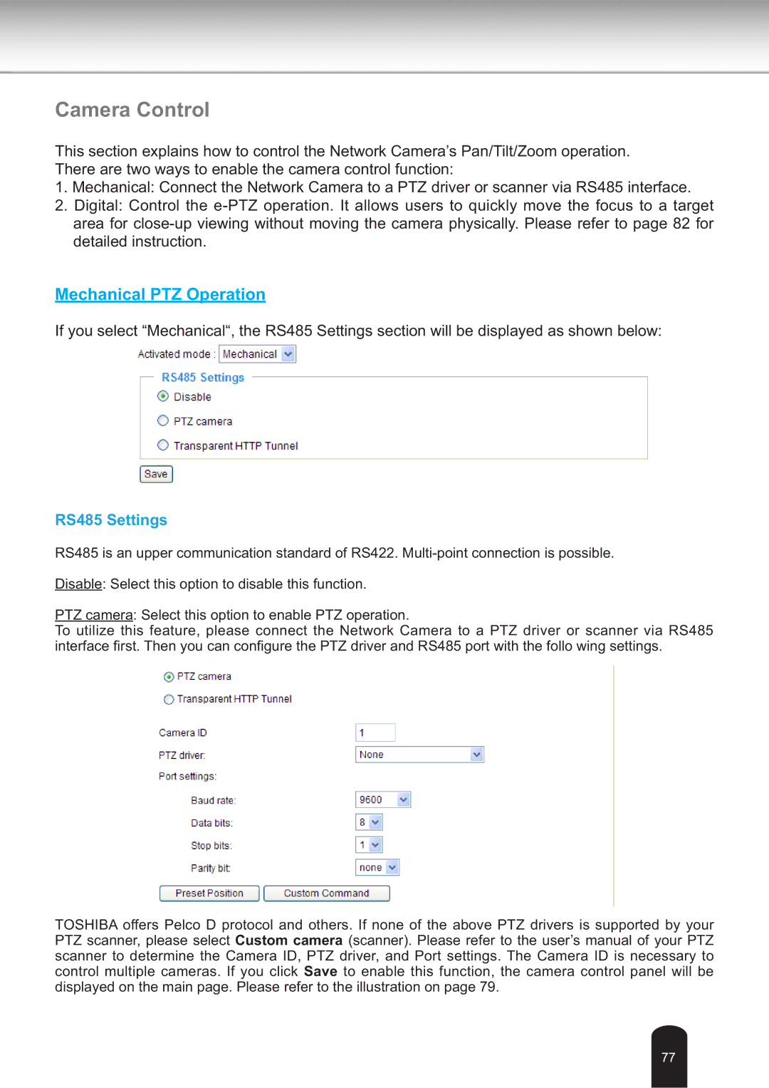 Toshiba IK-WB30A user manual Camera Control, RS485 Settings 