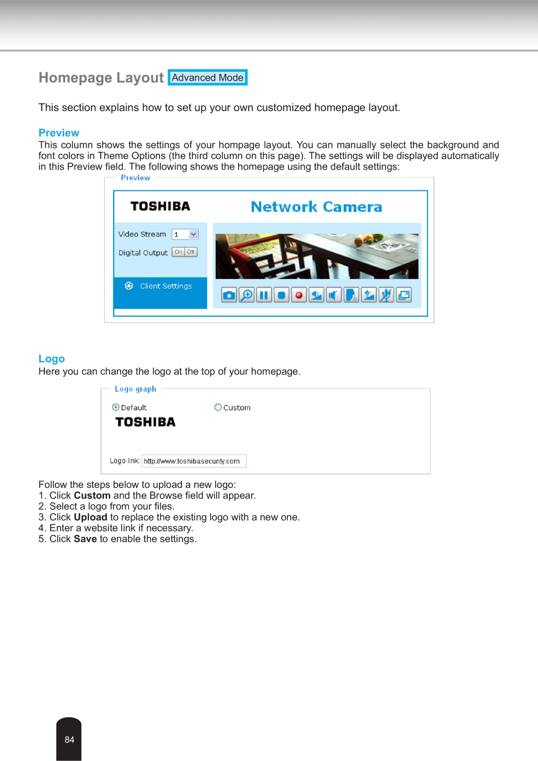 Toshiba IK-WB30A user manual Homepage Layout, Preview, Logo 