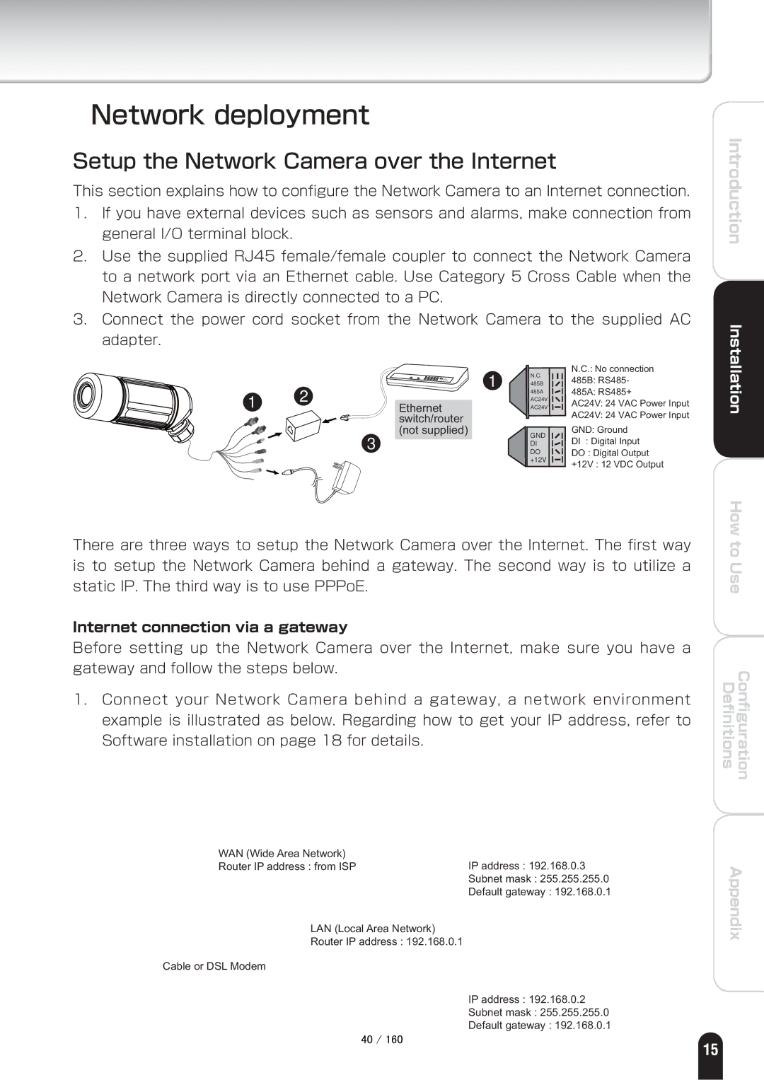 Toshiba IK-WB70A manual Network deployment, Setup the Network Camera over the Internet, Internet connection via a gateway 