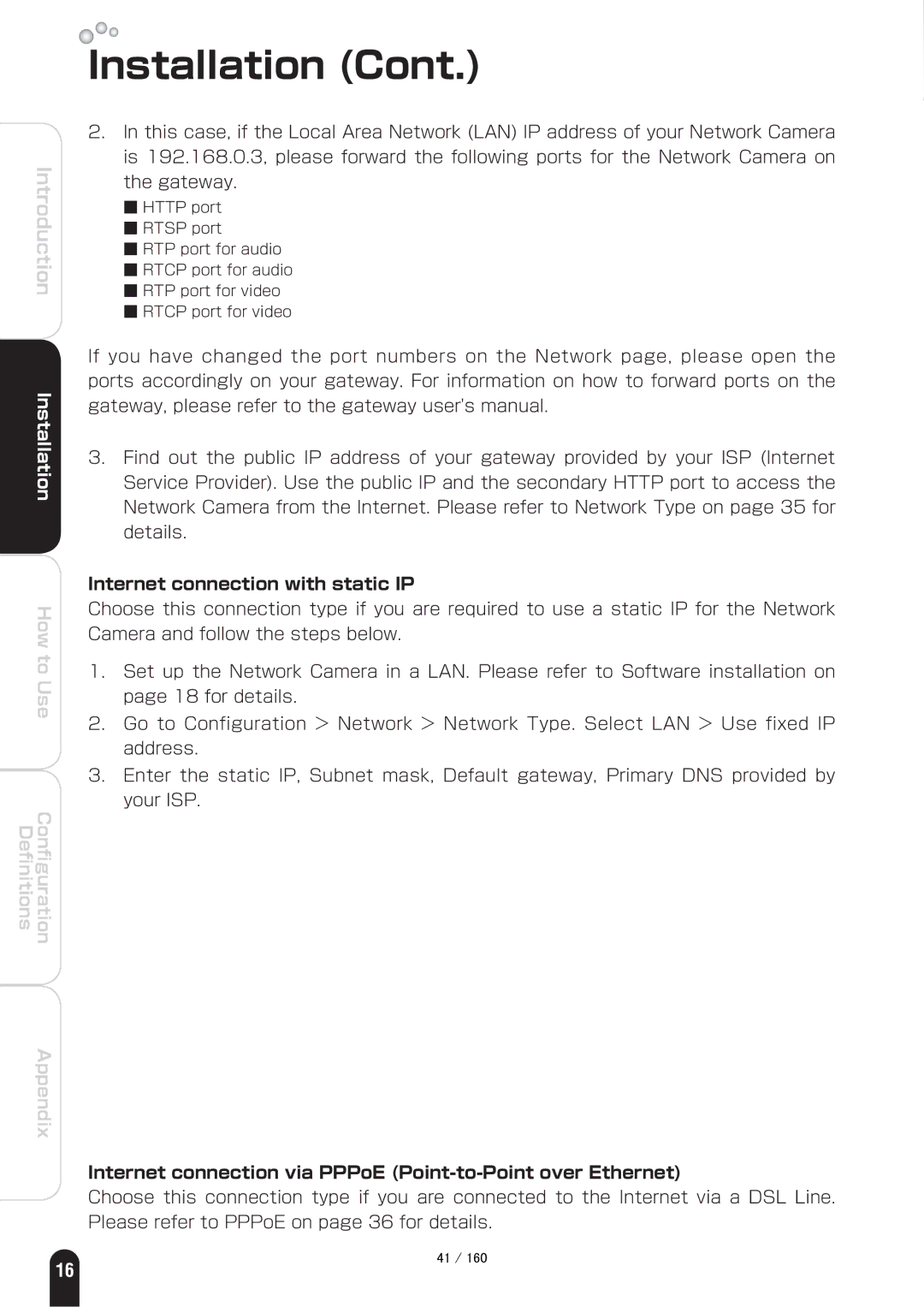 Toshiba IK-WB70A manual Internet connection with static IP, Internet connection via PPPoE Point-to-Point over Ethernet 