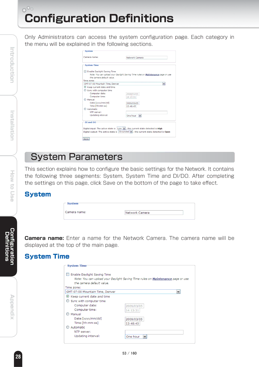 Toshiba IK-WB70A manual Conﬁguration Deﬁnitions, System Parameters, System Time 