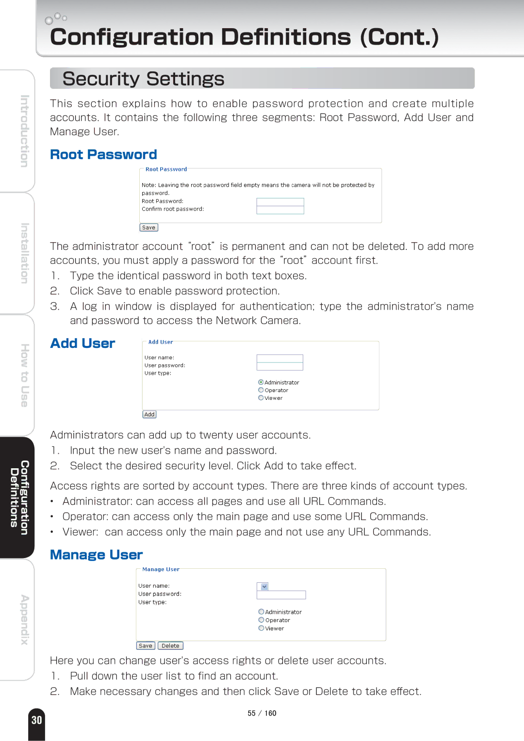 Toshiba IK-WB70A manual Security Settings, Root Password, Add User, Manage User 