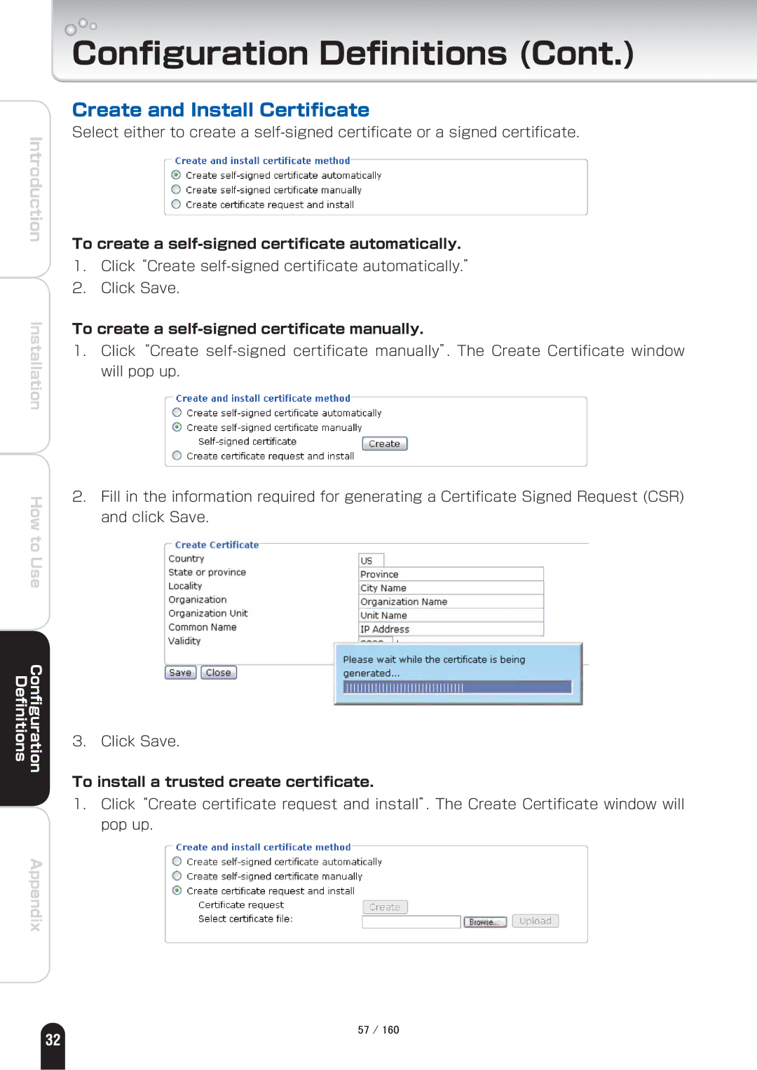 Toshiba IK-WB70A manual Create and Install Certiﬁcate, To create a self-signed certiﬁcate automatically 