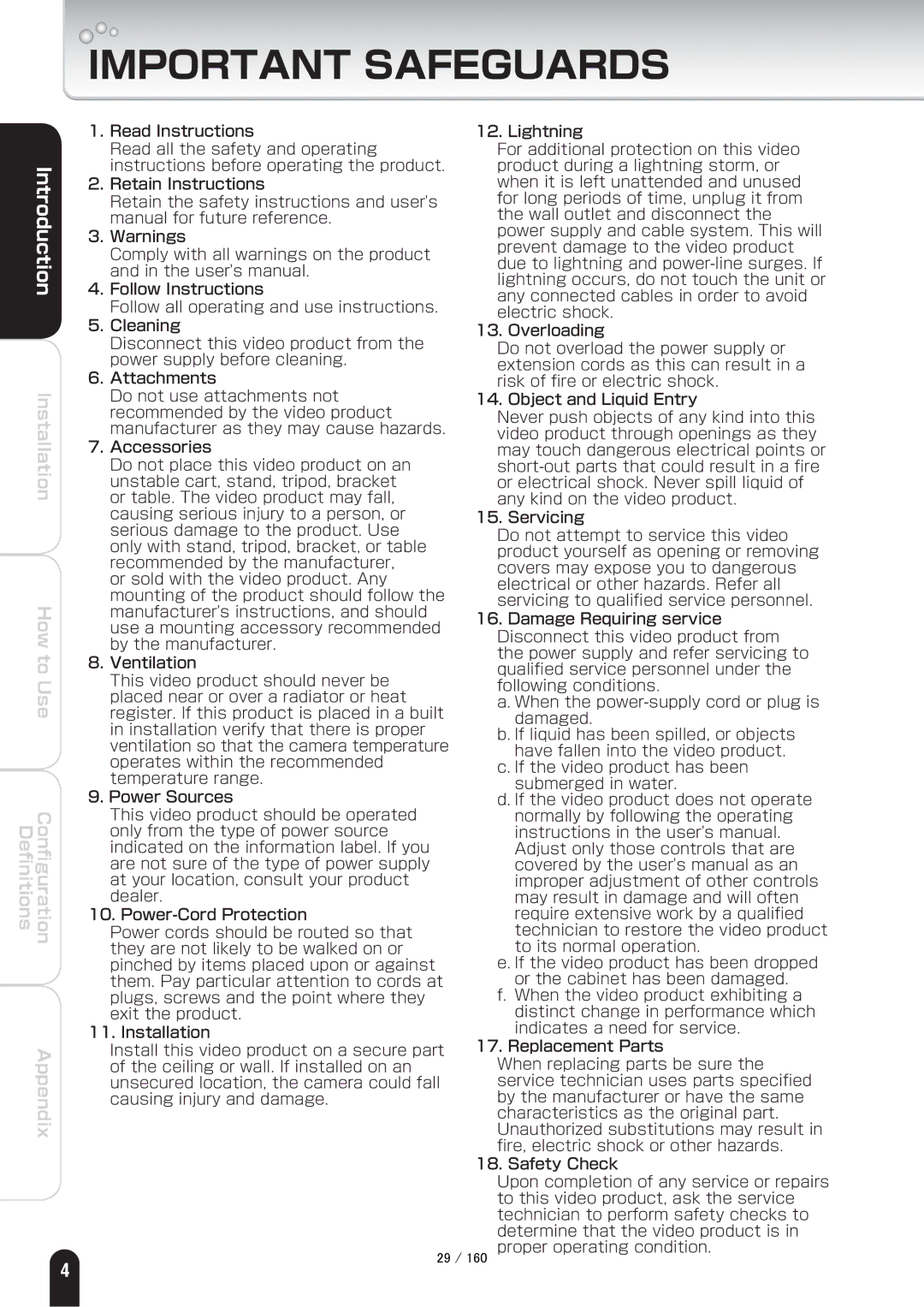 Toshiba IK-WB70A manual Important Safeguards 