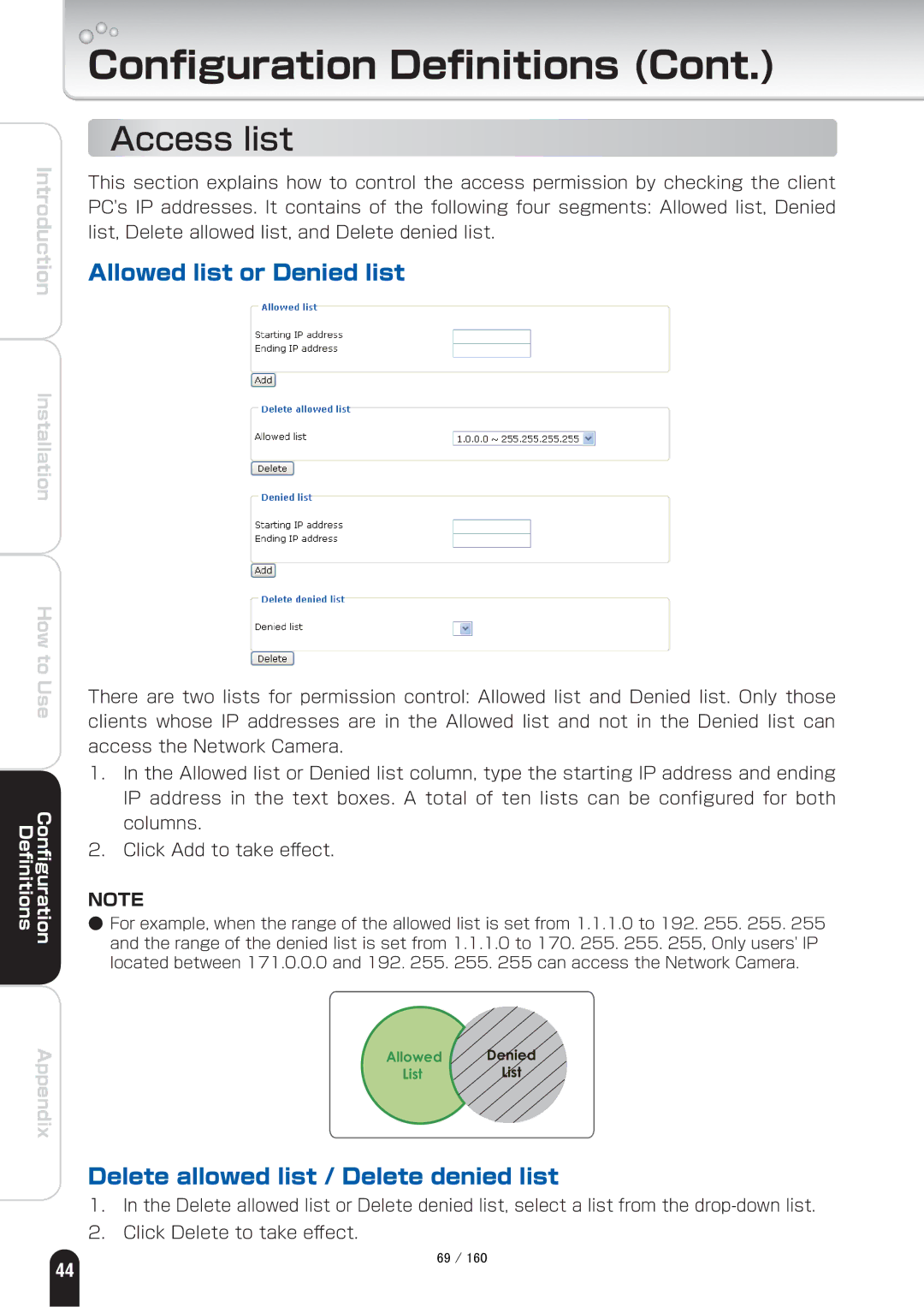 Toshiba IK-WB70A manual Access list, Allowed list or Denied list, Delete allowed list / Delete denied list 