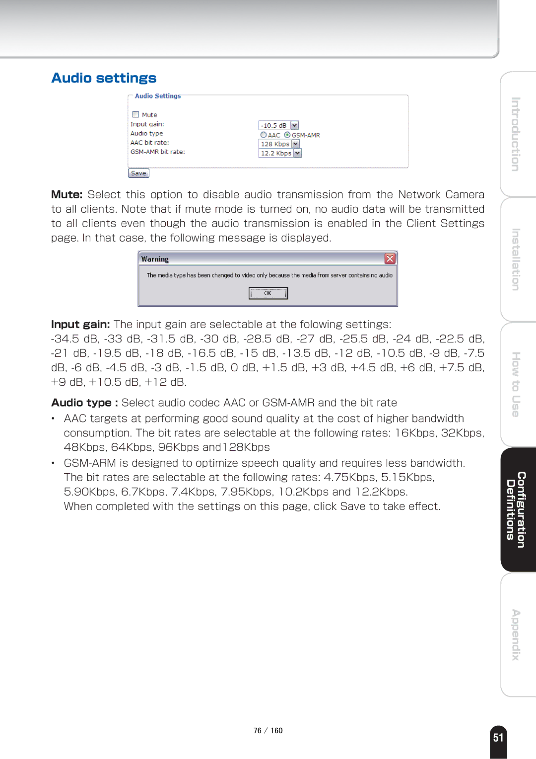 Toshiba IK-WB70A manual Audio settings 