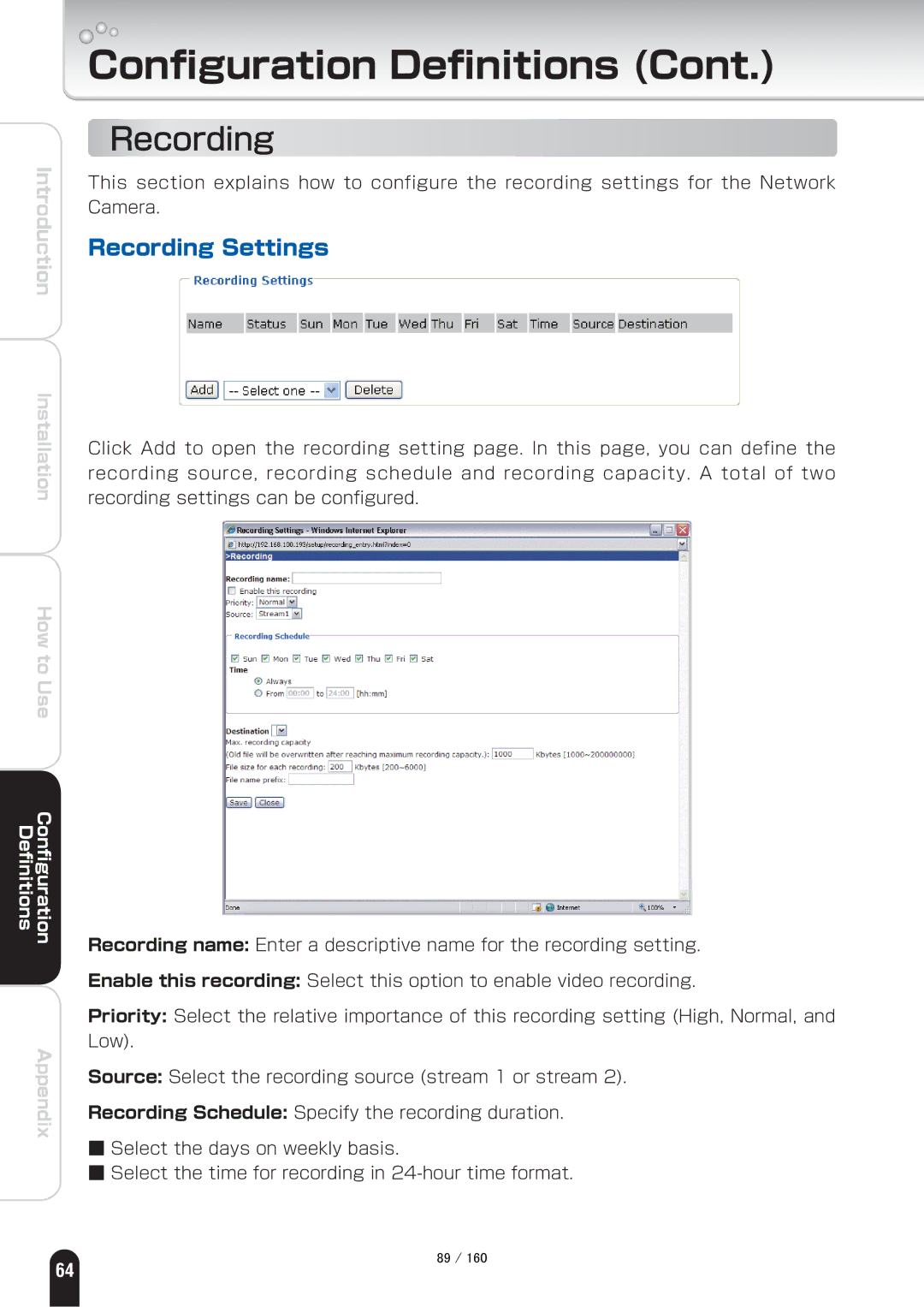 Toshiba IK-WB70A manual Recording Settings 