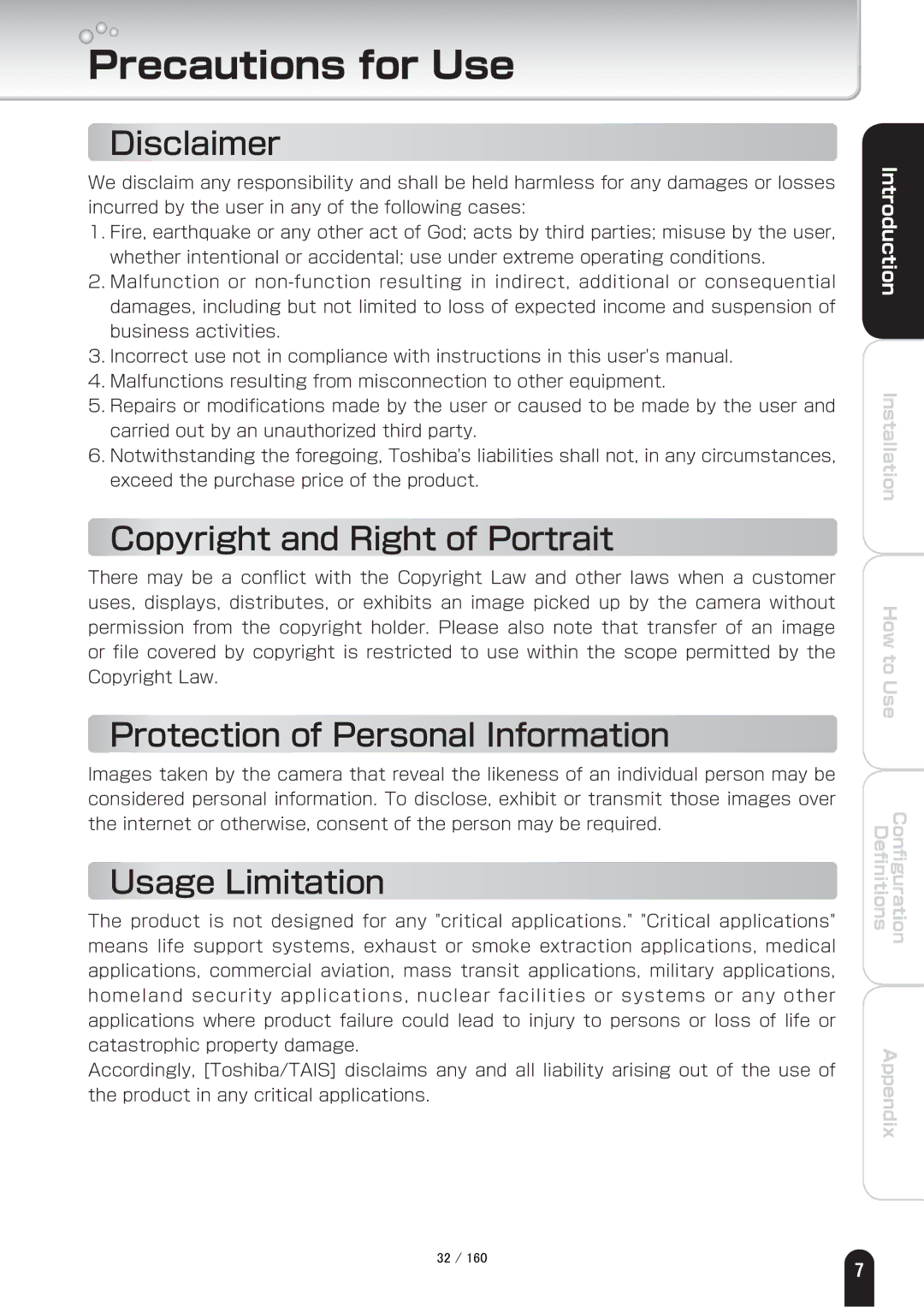 Toshiba IK-WB70A Precautions for Use, Disclaimer, Copyright and Right of Portrait, Protection of Personal Information 