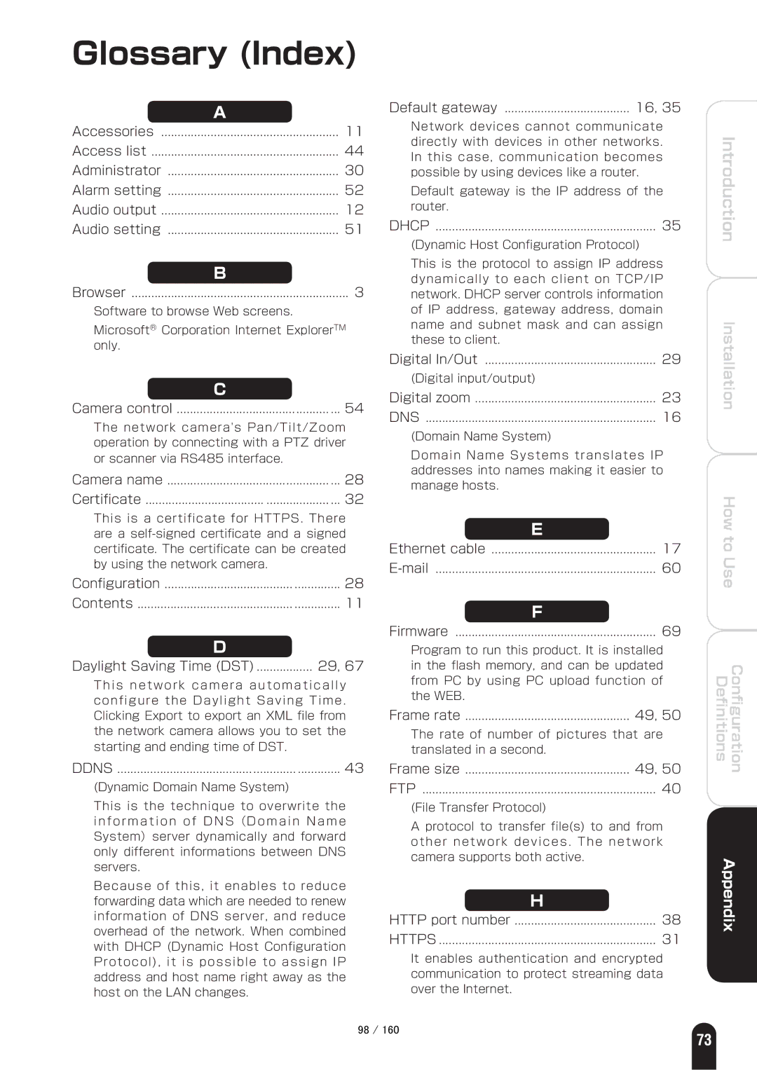 Toshiba IK-WB70A manual Glossary Index, Daylight Saving Time DST 