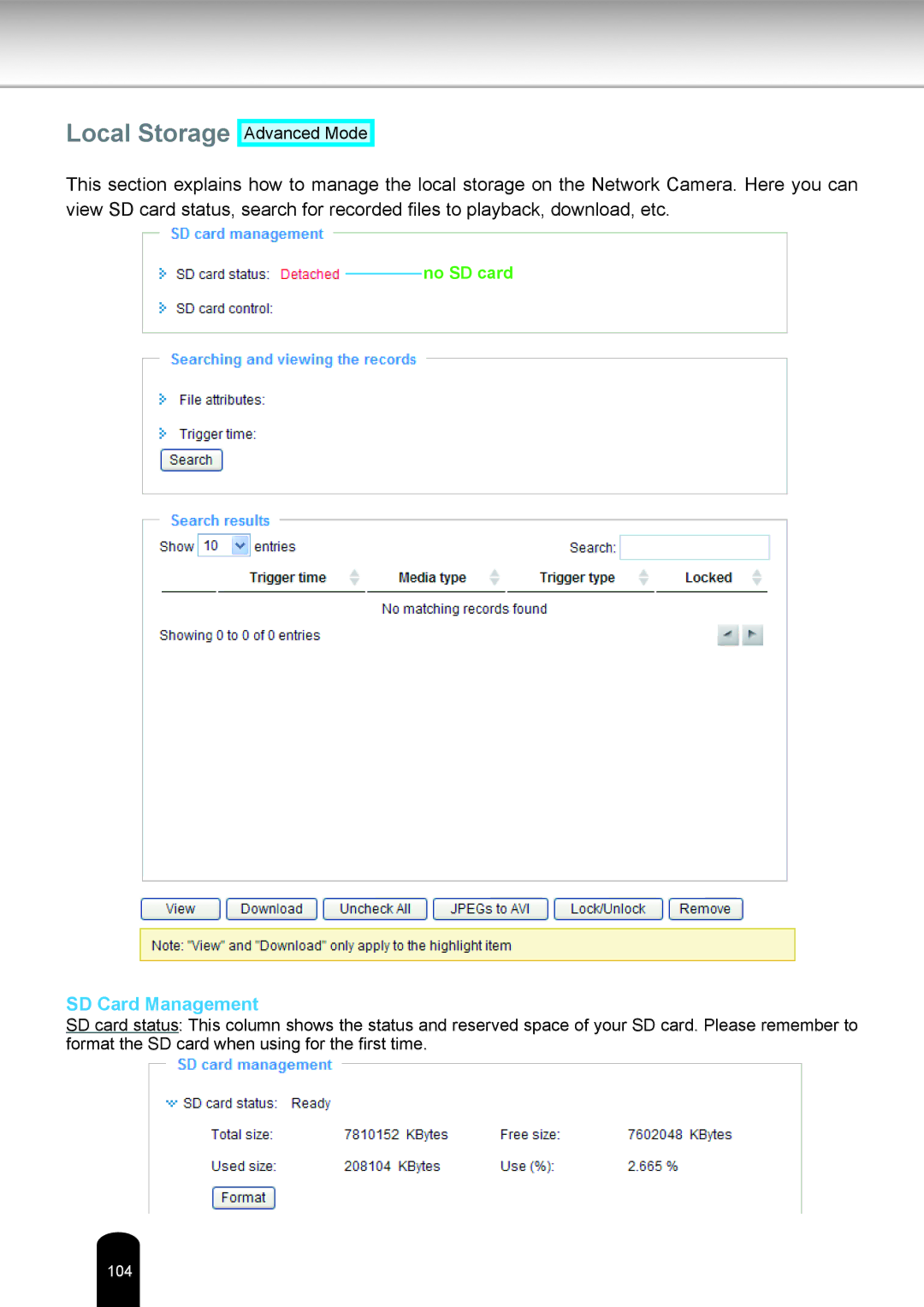 Toshiba IK-WB80A user manual Local Storage, SD Card Management 