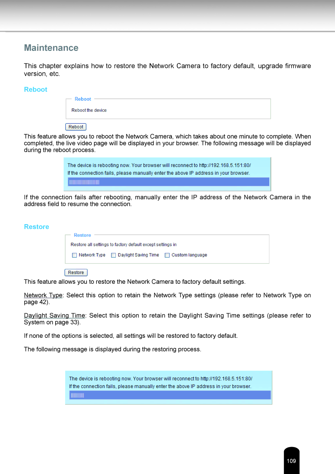 Toshiba IK-WB80A user manual Maintenance, Reboot, Restore 