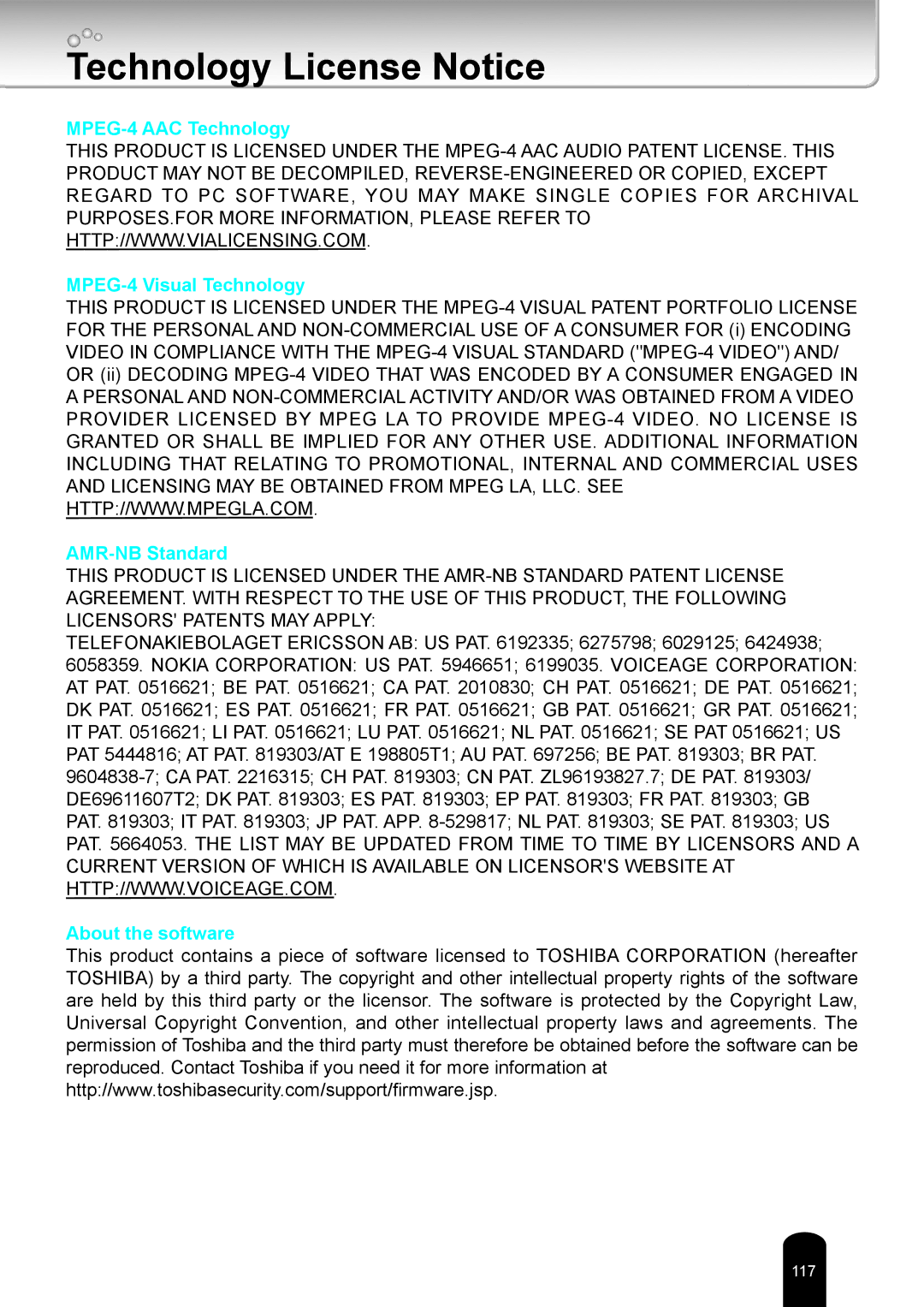 Toshiba IK-WB80A user manual Technology License Notice 