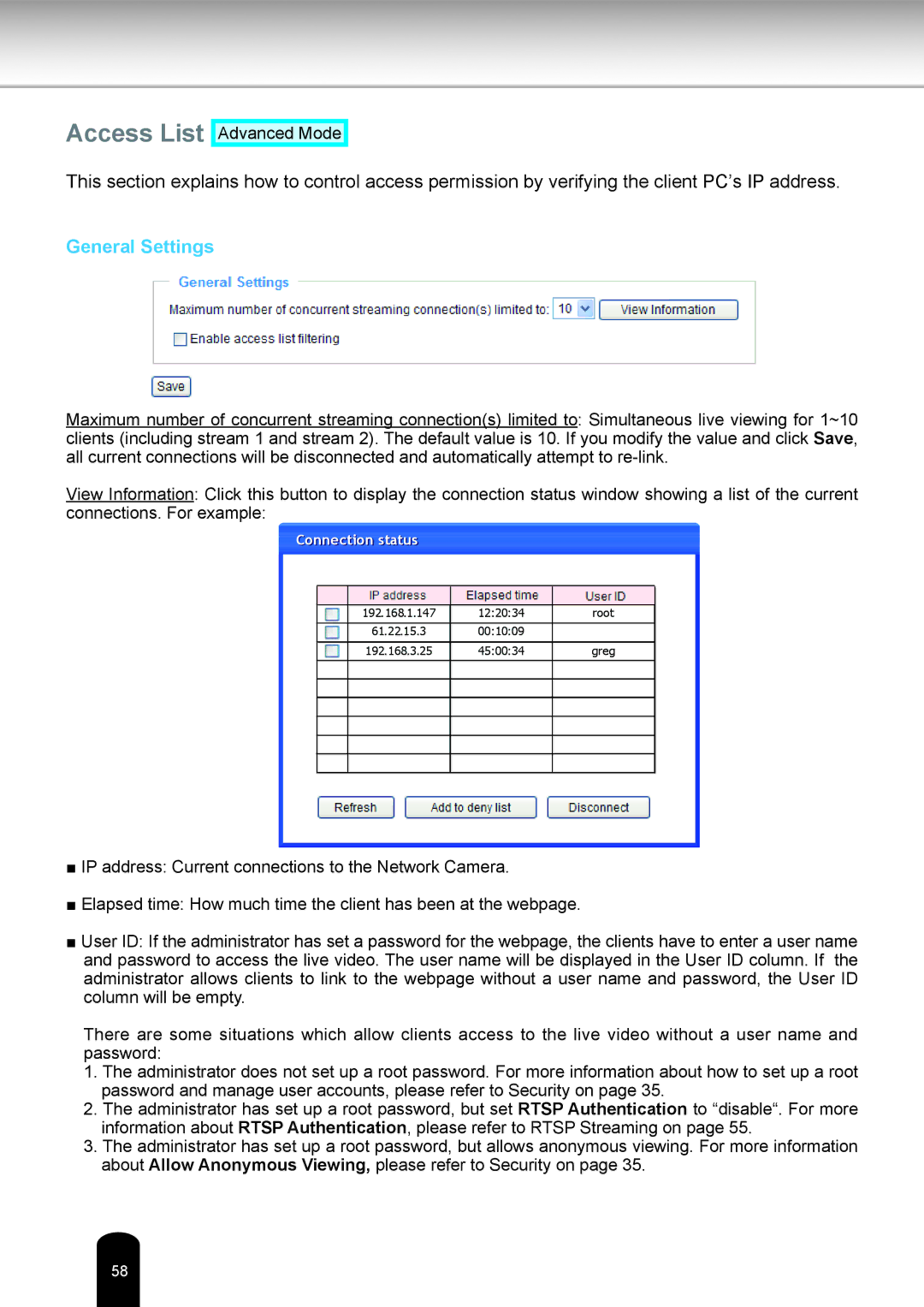 Toshiba IK-WB80A user manual Access List, General Settings 