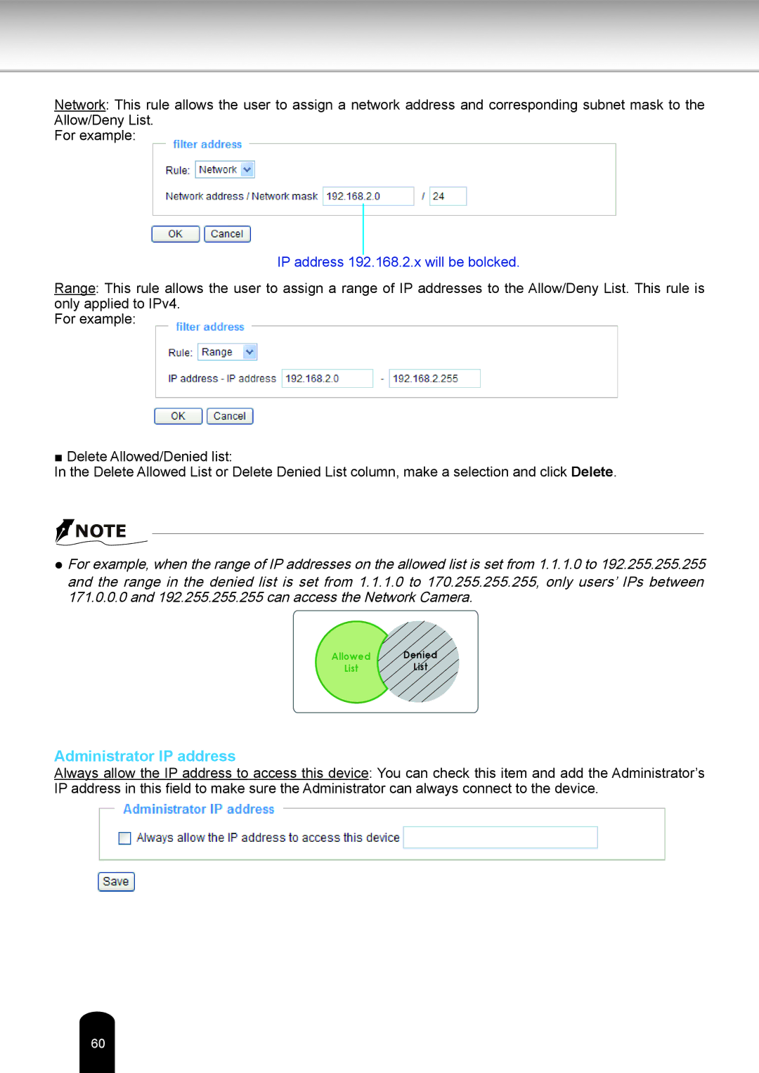 Toshiba IK-WB80A user manual Administrator IP address, IP address 192.168.2.x will be bolcked 