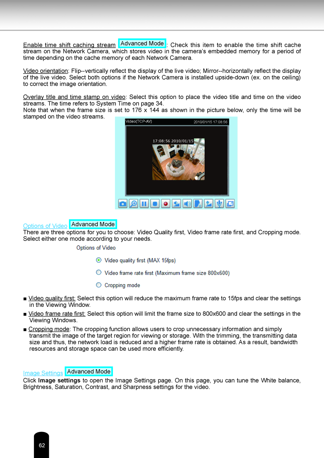 Toshiba IK-WB80A user manual Options of Video Advanced Mode 