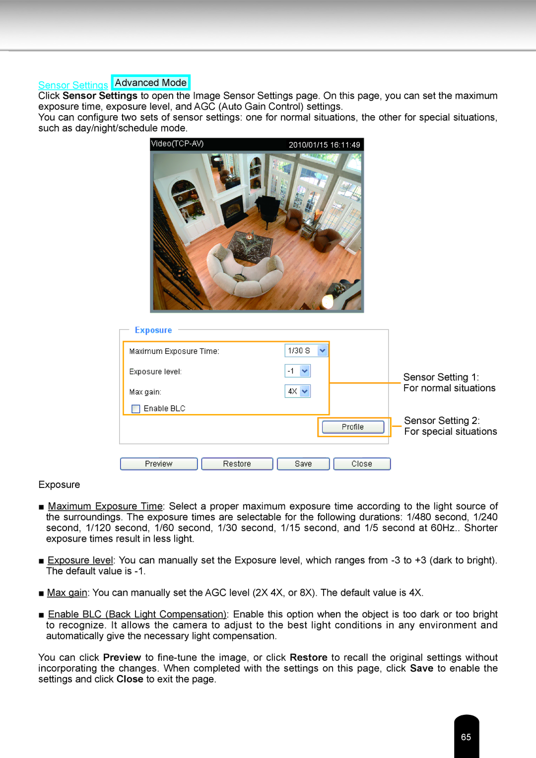 Toshiba IK-WB80A user manual Sensor Settings Advanced Mode 