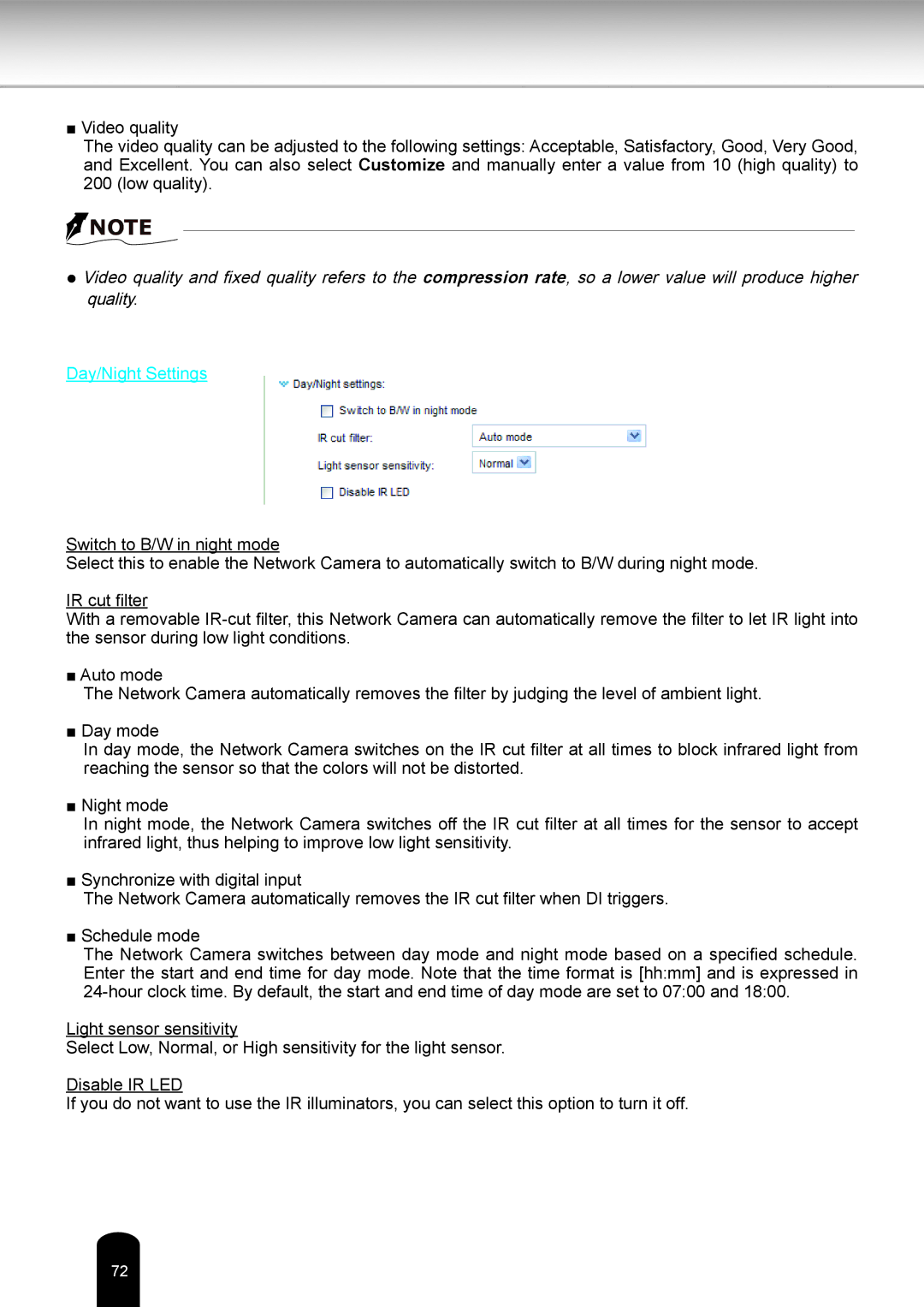 Toshiba IK-WB80A user manual Day/Night Settings 