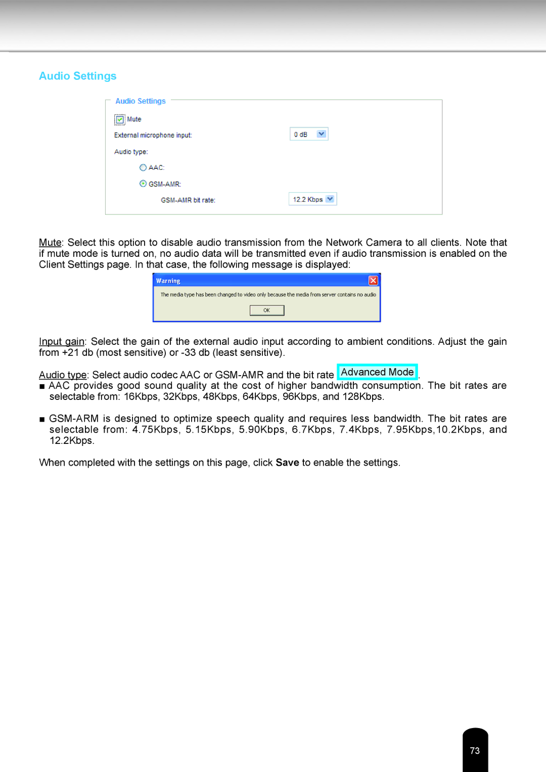 Toshiba IK-WB80A user manual Audio Settings 