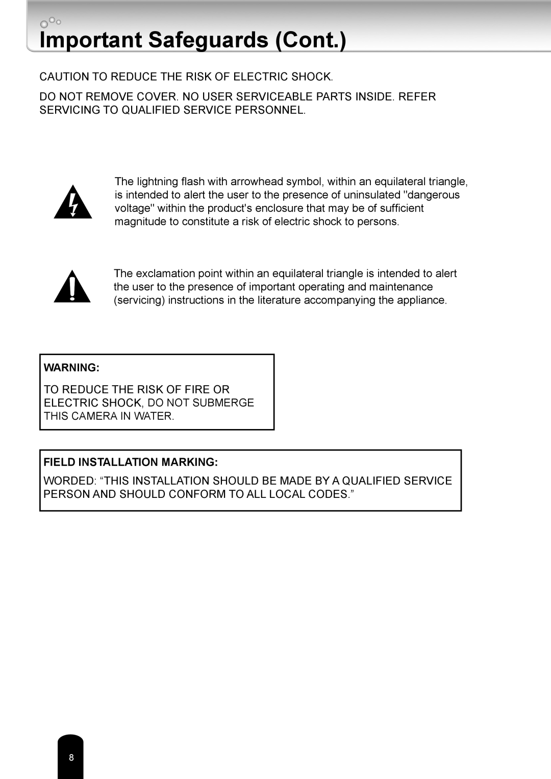 Toshiba IK-WB80A user manual Field Installation Marking 