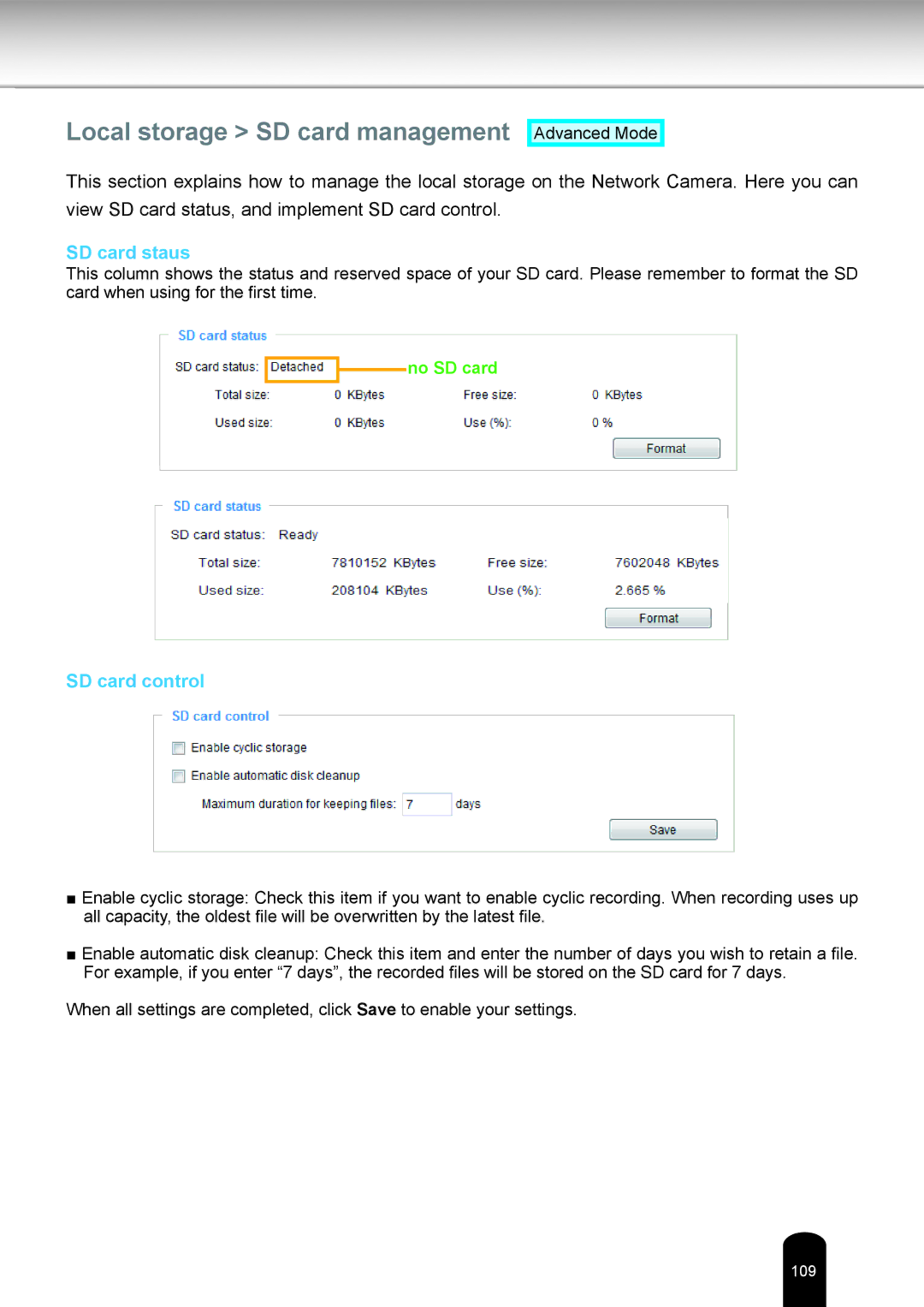 Toshiba IK-WB81A user manual Local storage SD card management, SD card staus, SD card control 