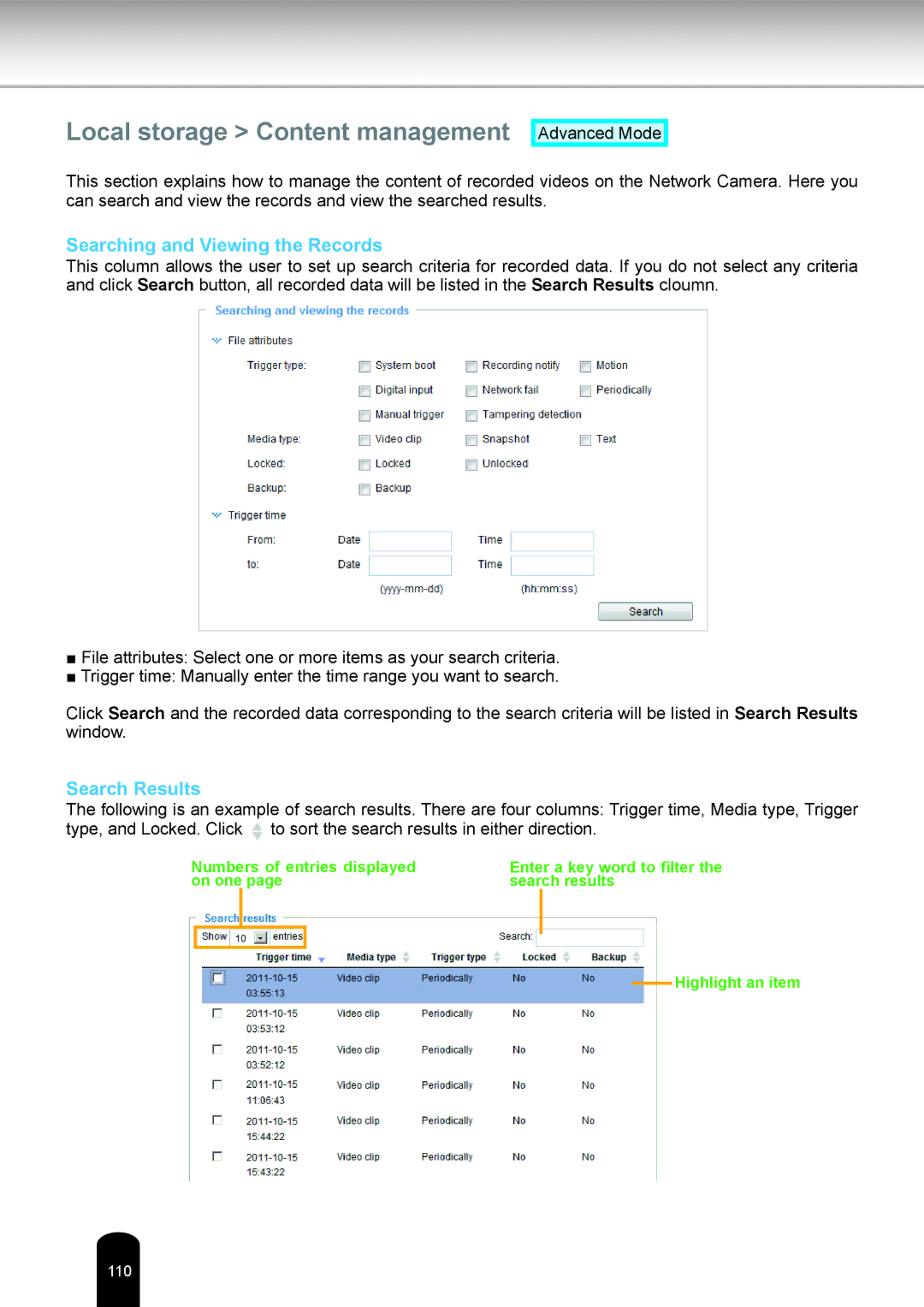 Toshiba IK-WB81A user manual Local storage Content management, Searching and Viewing the Records, Search Results 