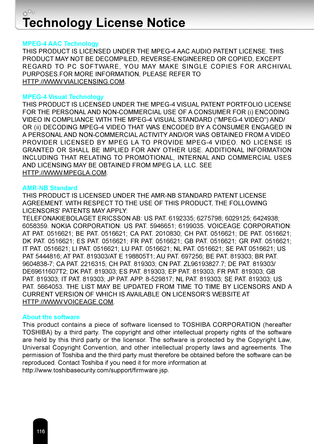 Toshiba IK-WB81A user manual Technology License Notice 