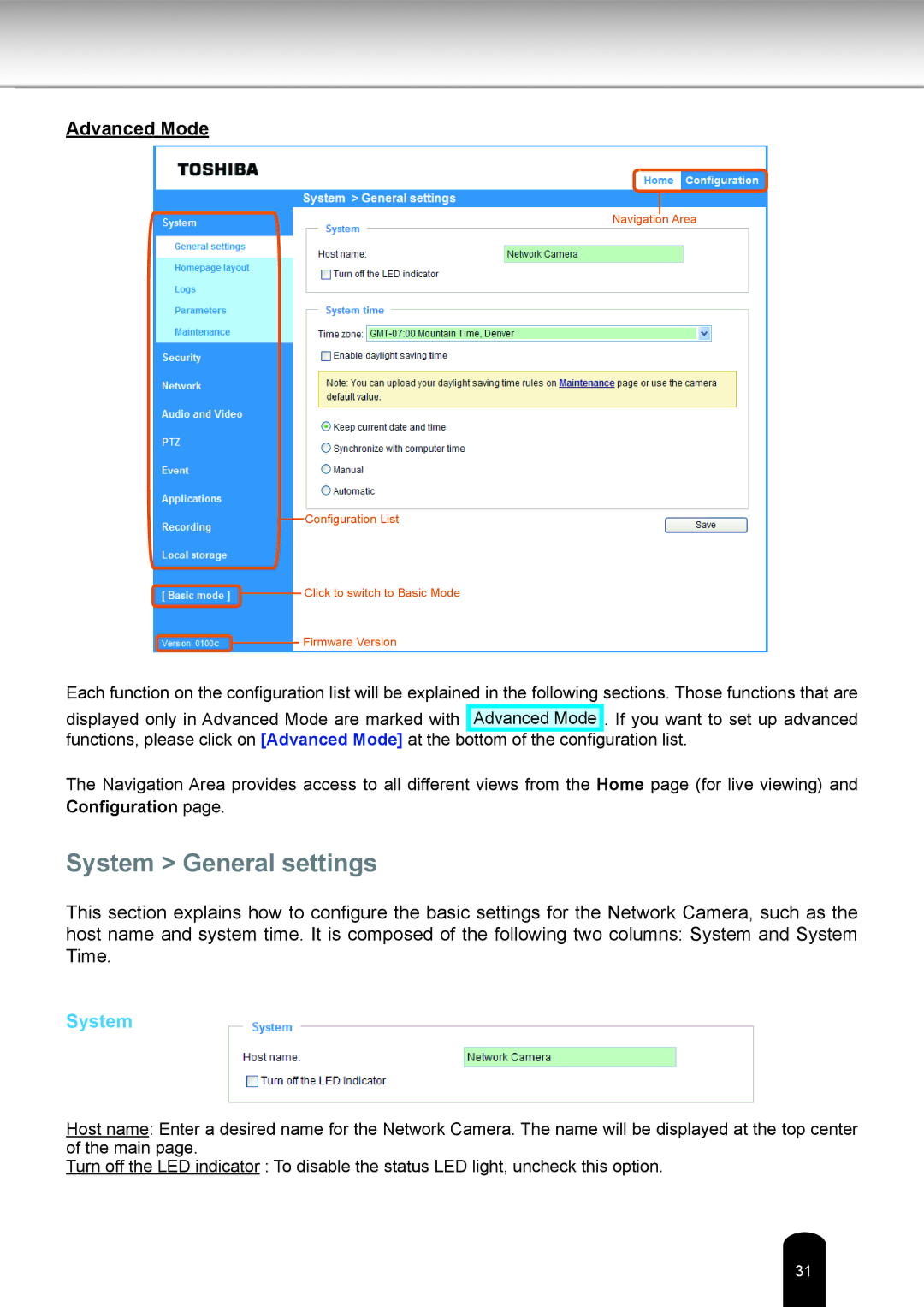 Toshiba IK-WB81A user manual System General settings 