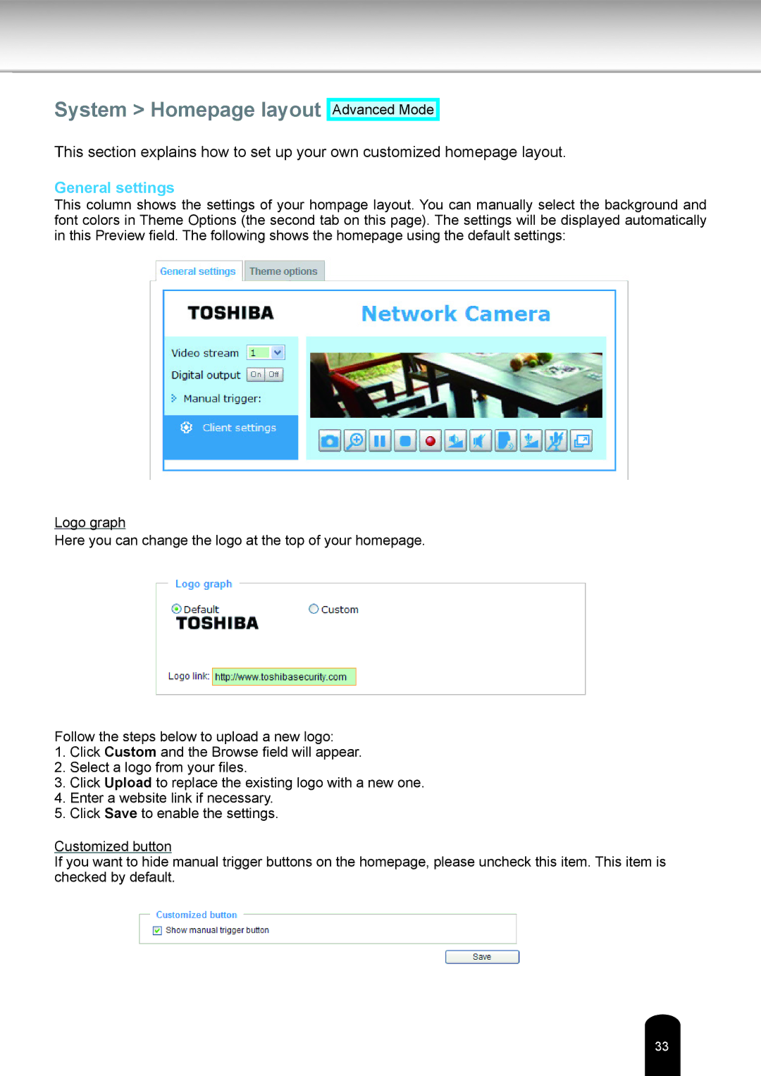 Toshiba IK-WB81A user manual System Homepage layout, General settings 