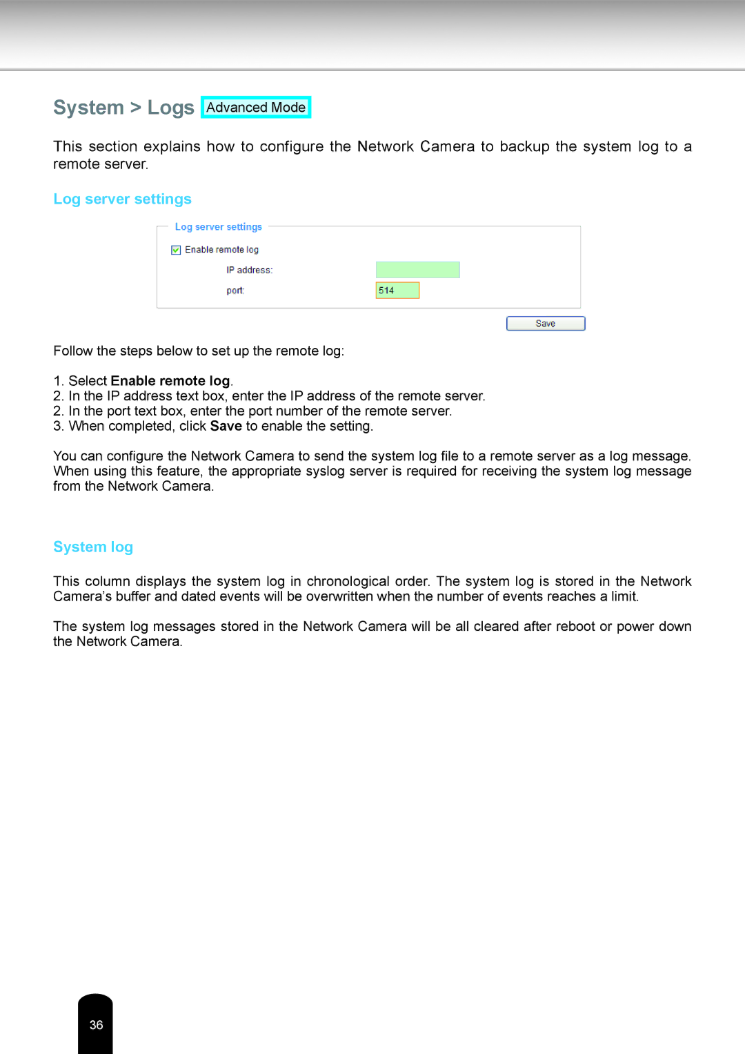 Toshiba IK-WB81A user manual System Logs, Log server settings, System log 